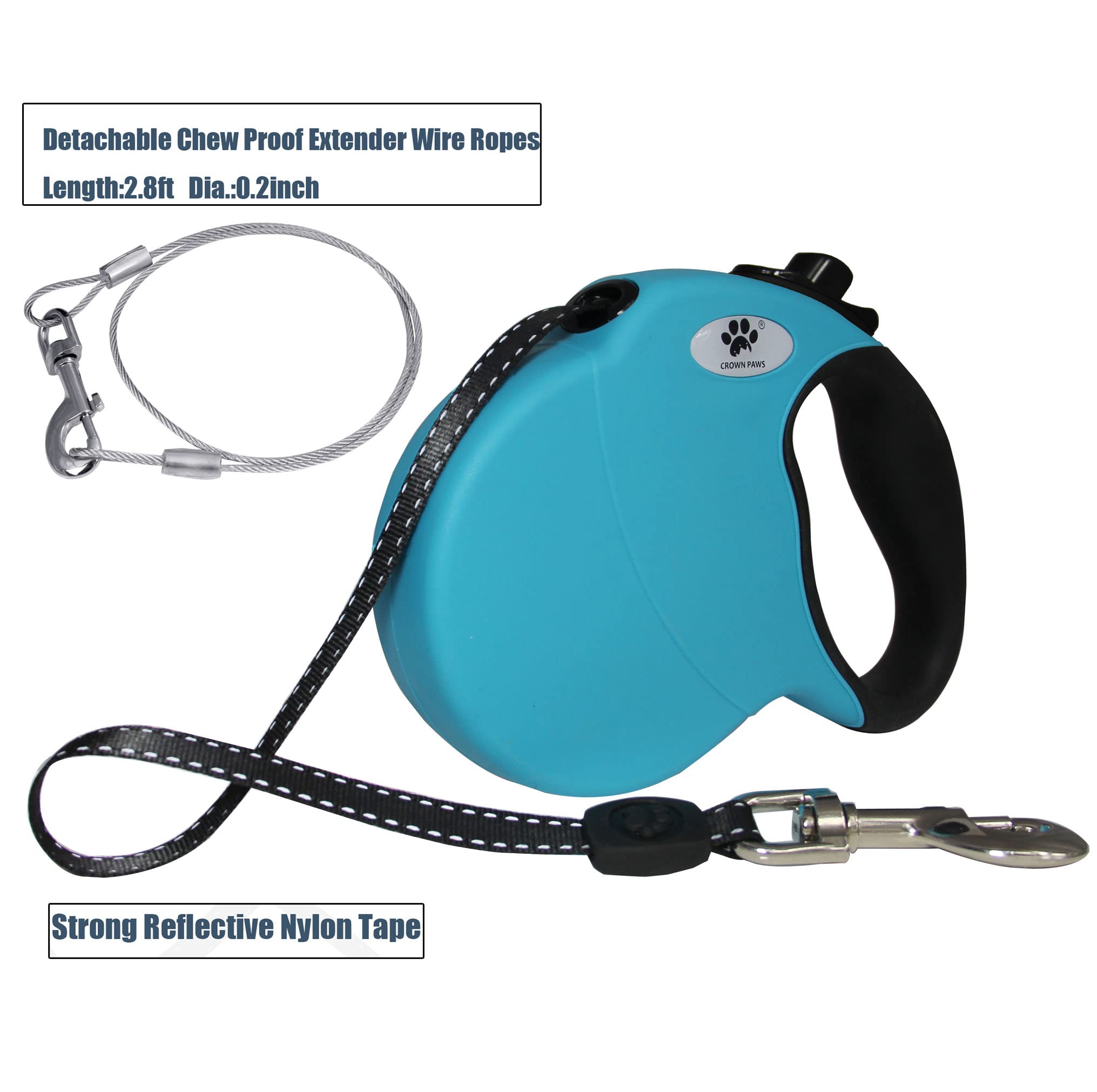 Crown Paws 16Ft Retractable Dog Leash For Large Breed Dogs Up To 110 Lbs With A Detachable Chew Proof Extender Wire Ropes (Blue
