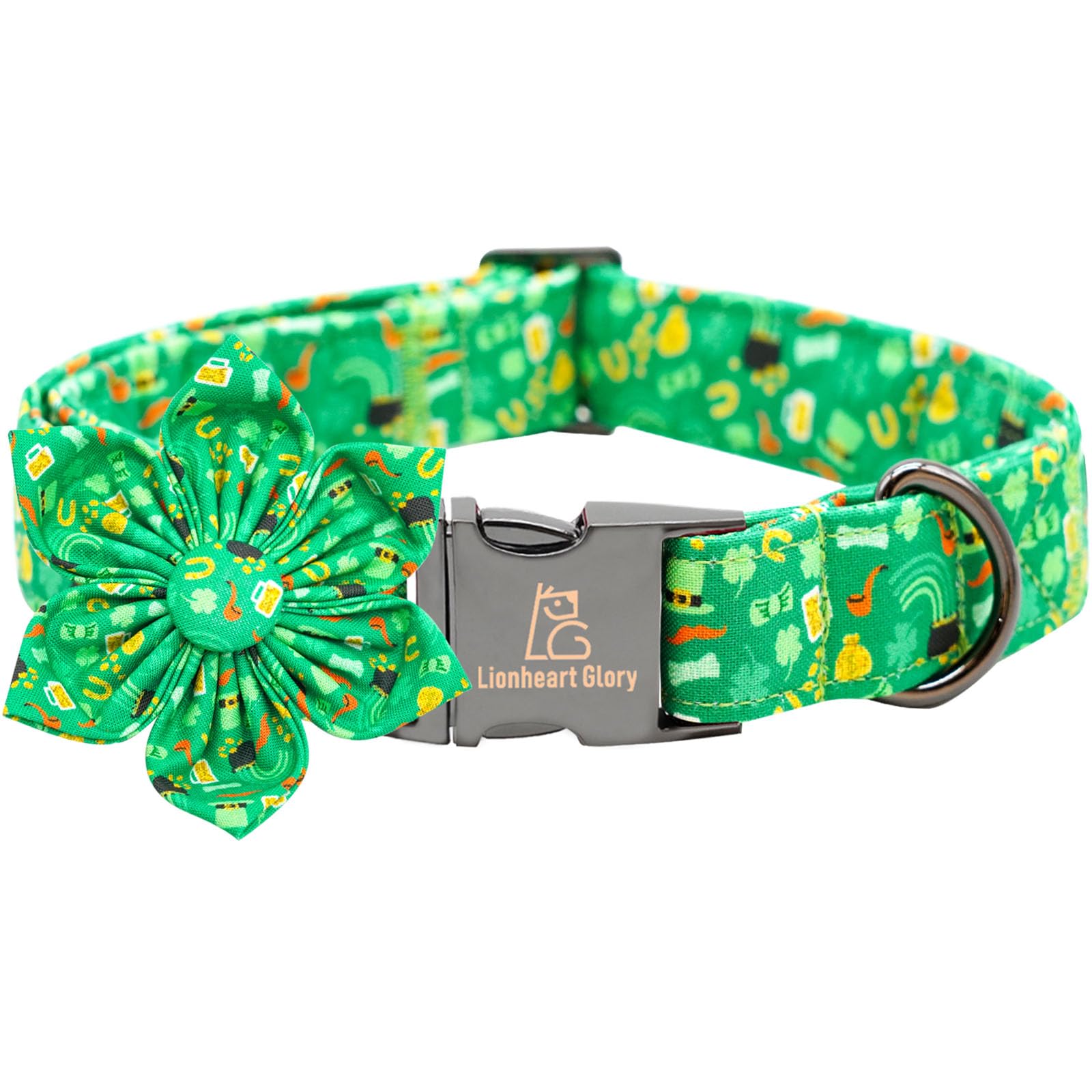 Lionheart Glory St. Patrick'S Day Collar With Flower Design For Medium Dogs, Green Collar With Lucky Clover Shamrock Pattern, He