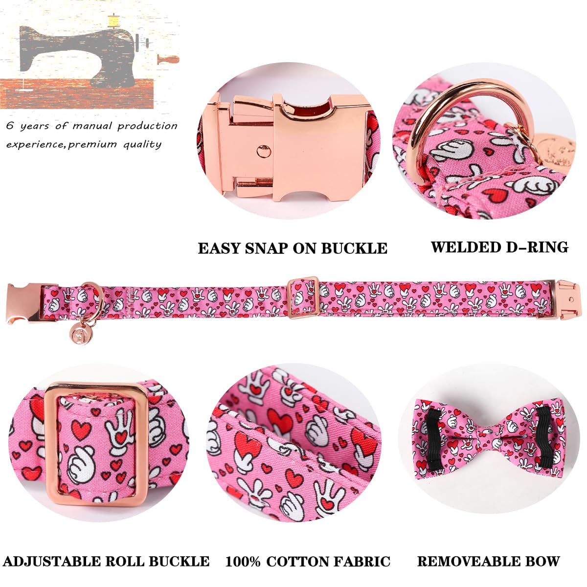 Dogwong Valentine Dog Collar With Bow, Pink Heart, Medium, Cotton, Decorative, Small, Medium, Large Dog