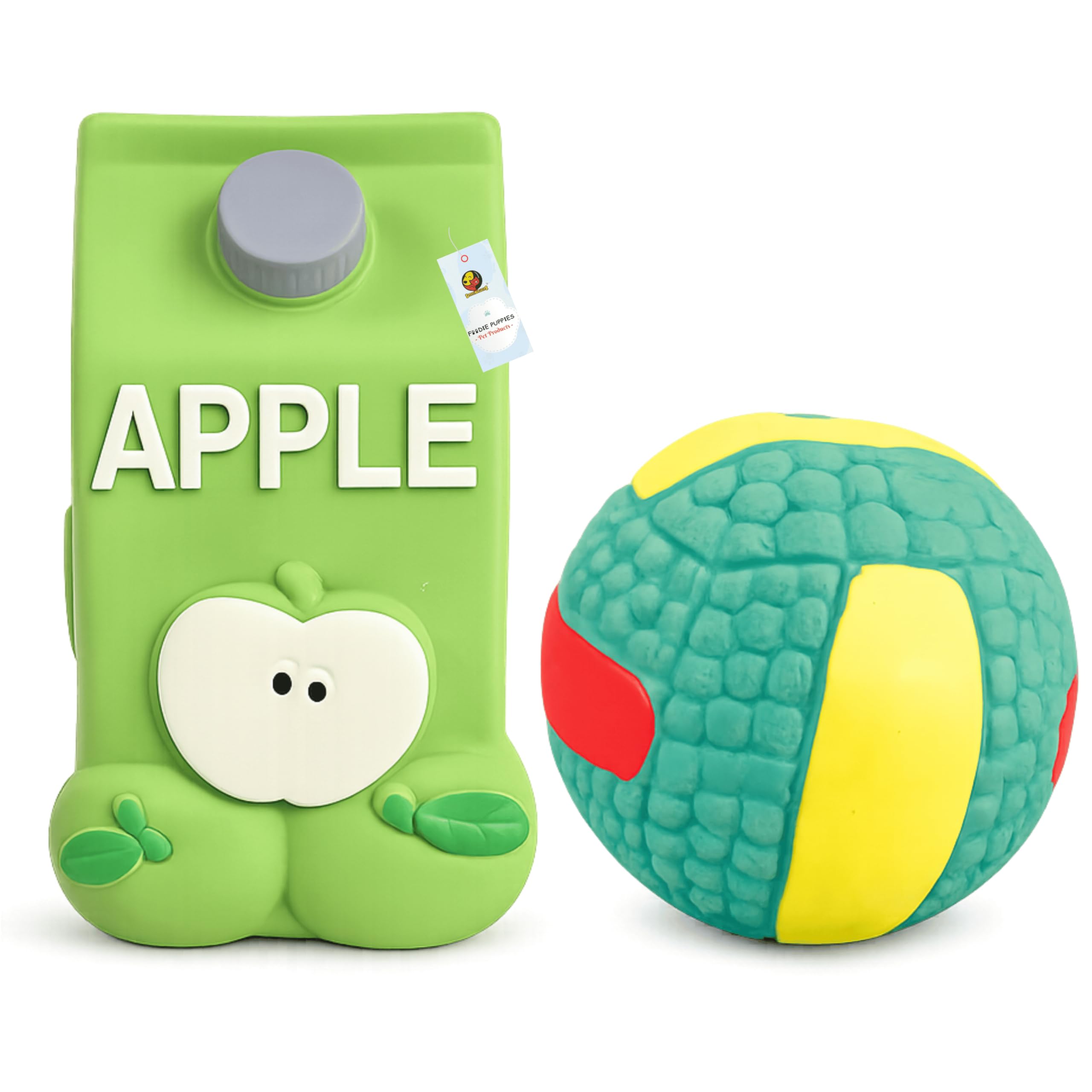 Foodie Puppies Dog Squeaky Toy Combo For Puppies & Small Dogs (Volleyball + Apple Juice) | Latex Rubber Chew Toys | Soft, Safe &