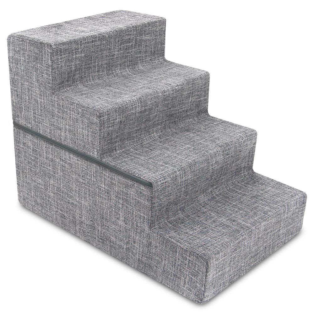 Best Pet Supplies Round Bed For Pet, 4-Step Pet Stair, Grey Linen (Foldable)