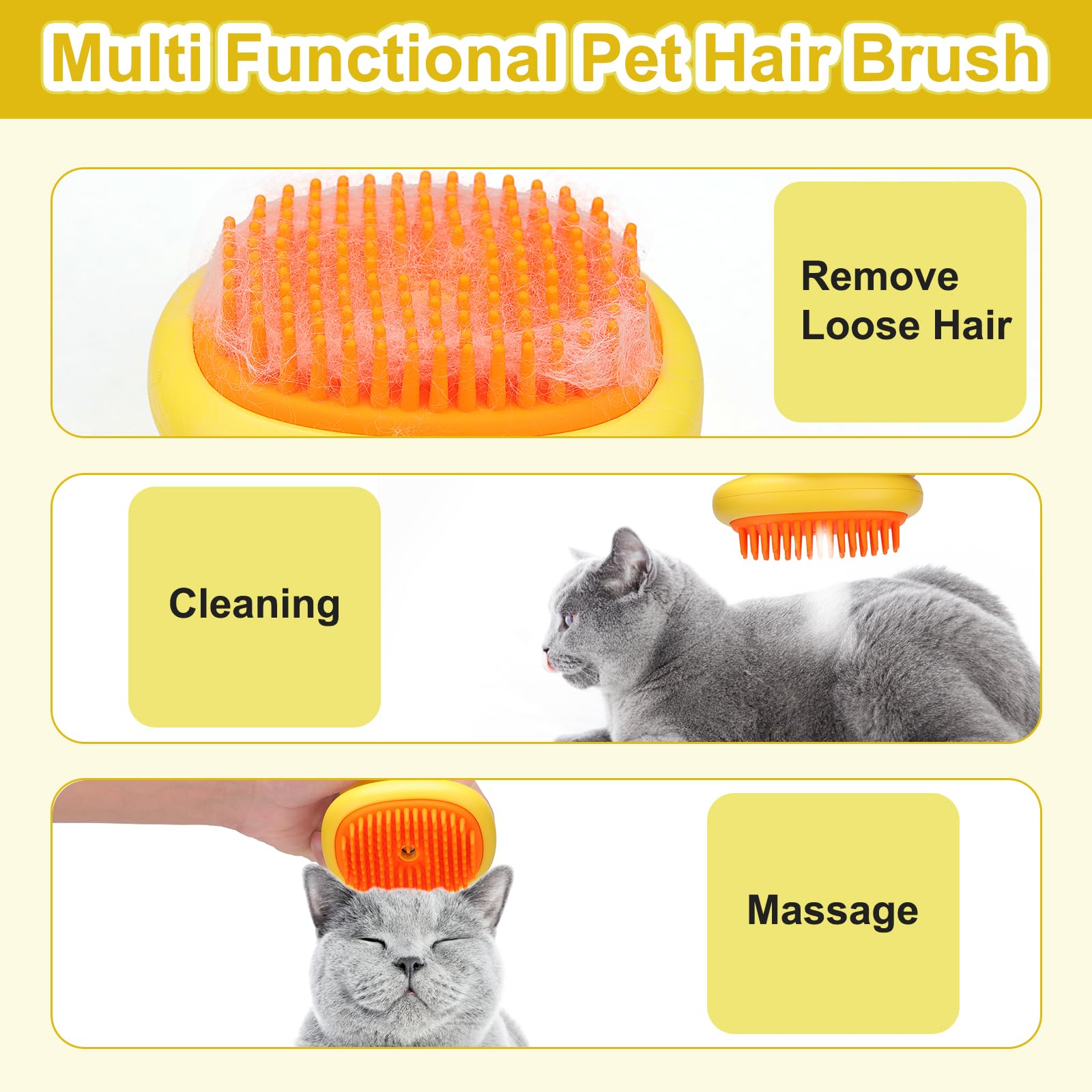 Cat Steam Brush, 3 In 1 Cat And Dog Grooming Brush For Shedding, Pet Hair Cleaning, Silicone Massage, Anti-Static Pet Spray Hair