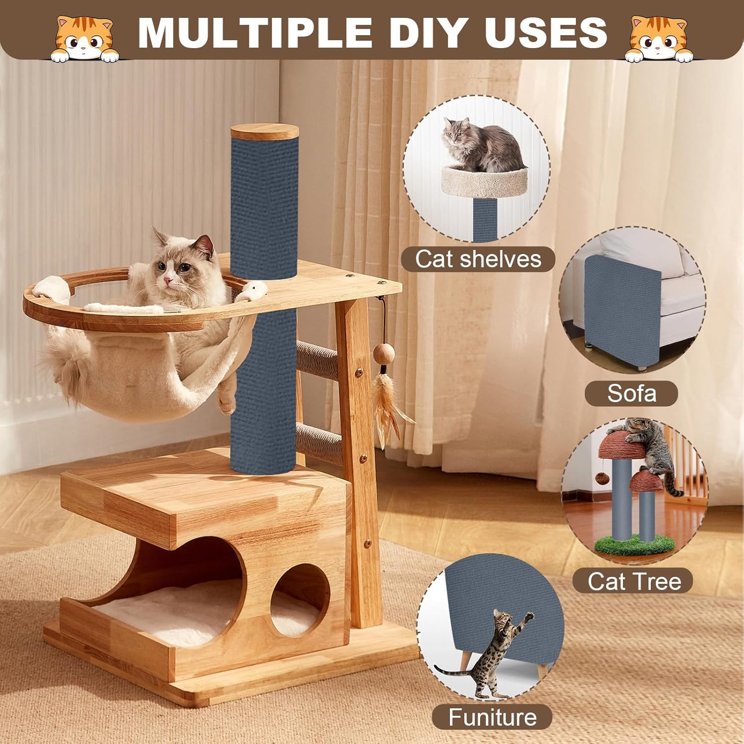 Cat Scratch Furniture Protector, 157.4x15.8 Cat Scratching Mat, Trimmable Self-Adhesive Cats Claws Scratch Pads, DIY Carpet Mat