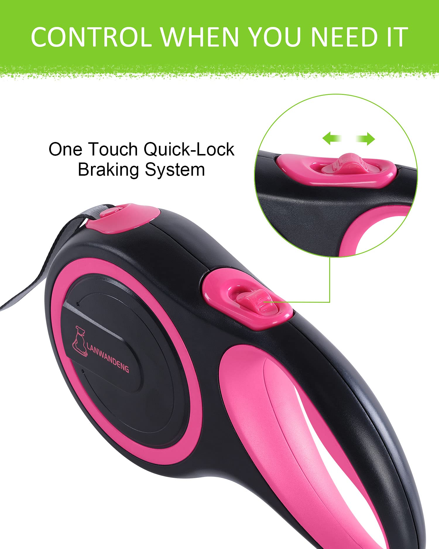 Lanwandeng 26FT Heavy Duty Retractable Dog Leash, Pink, 2 Chew Proof Ropes, 360° Tangle-Free, Anti-Slip Handle for All Dog Sizes