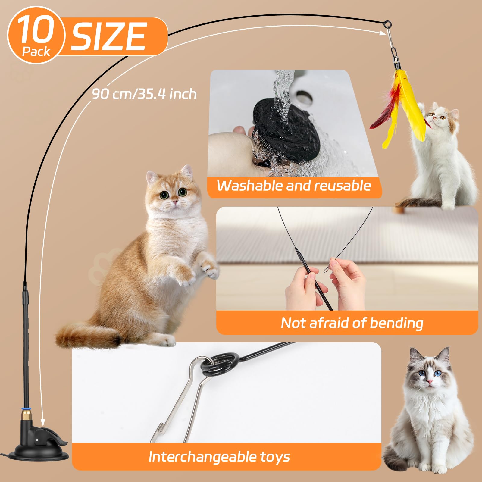Cat Feather Toys, 10Pcs Cat Toys With Detachable 2Pcs Suction Cup, 6Pcs Replacement Teaser Refills With Bell, Interactive Cat To