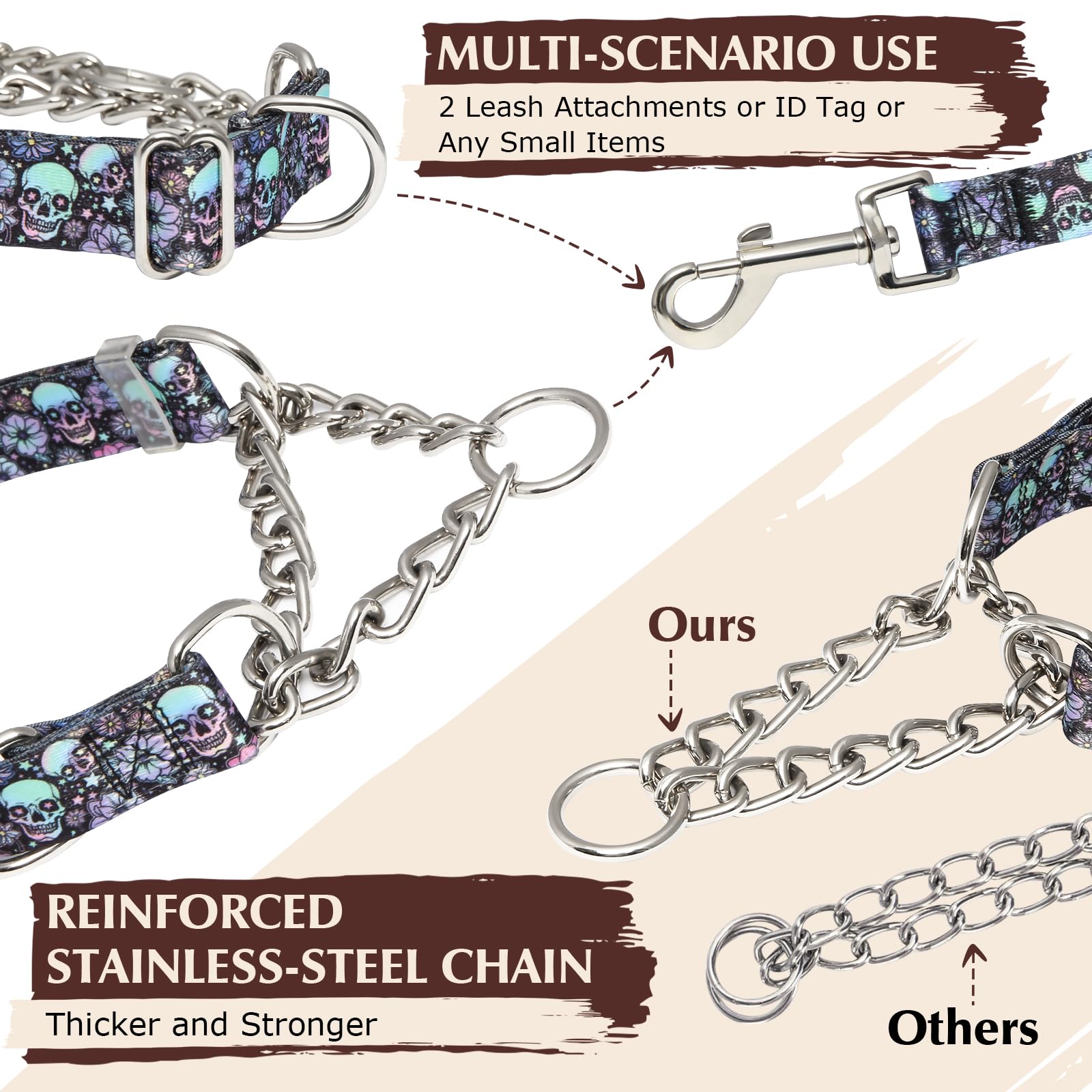 Martingale Collar For Dogs With Skull Design, Trainer Approved Limited Slip Collar With Stainless Steel Chain, Adjustable No Cho