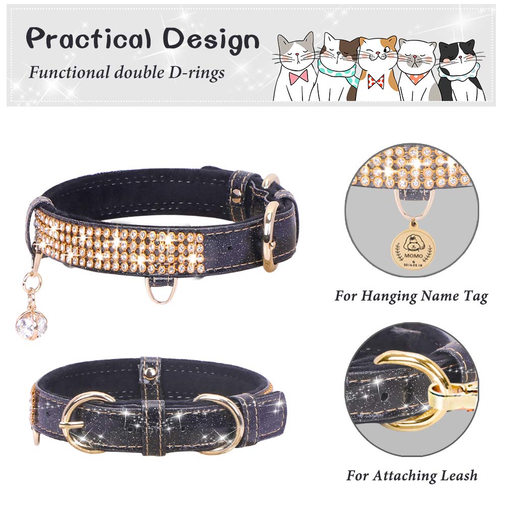 Petshome Cat Collar, Dog Collar, [Bling Rhinestones] Premium Pu Leather With Pendant Adjustable Collars For Big Cat And Small To Medium Dog Small Black