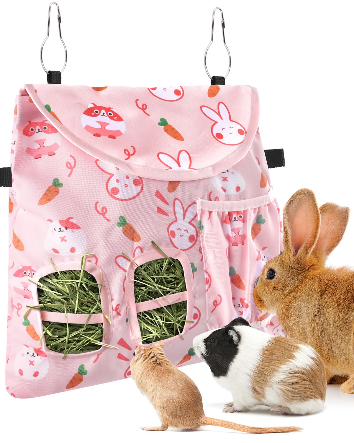 Bissap Rabbit Hay Feeder Bag, 2 Holes Hanging Hay Feeder Guinea Pig Hay Bag With Side Pocket For Rabbits Bunny Chinchillas Hamst