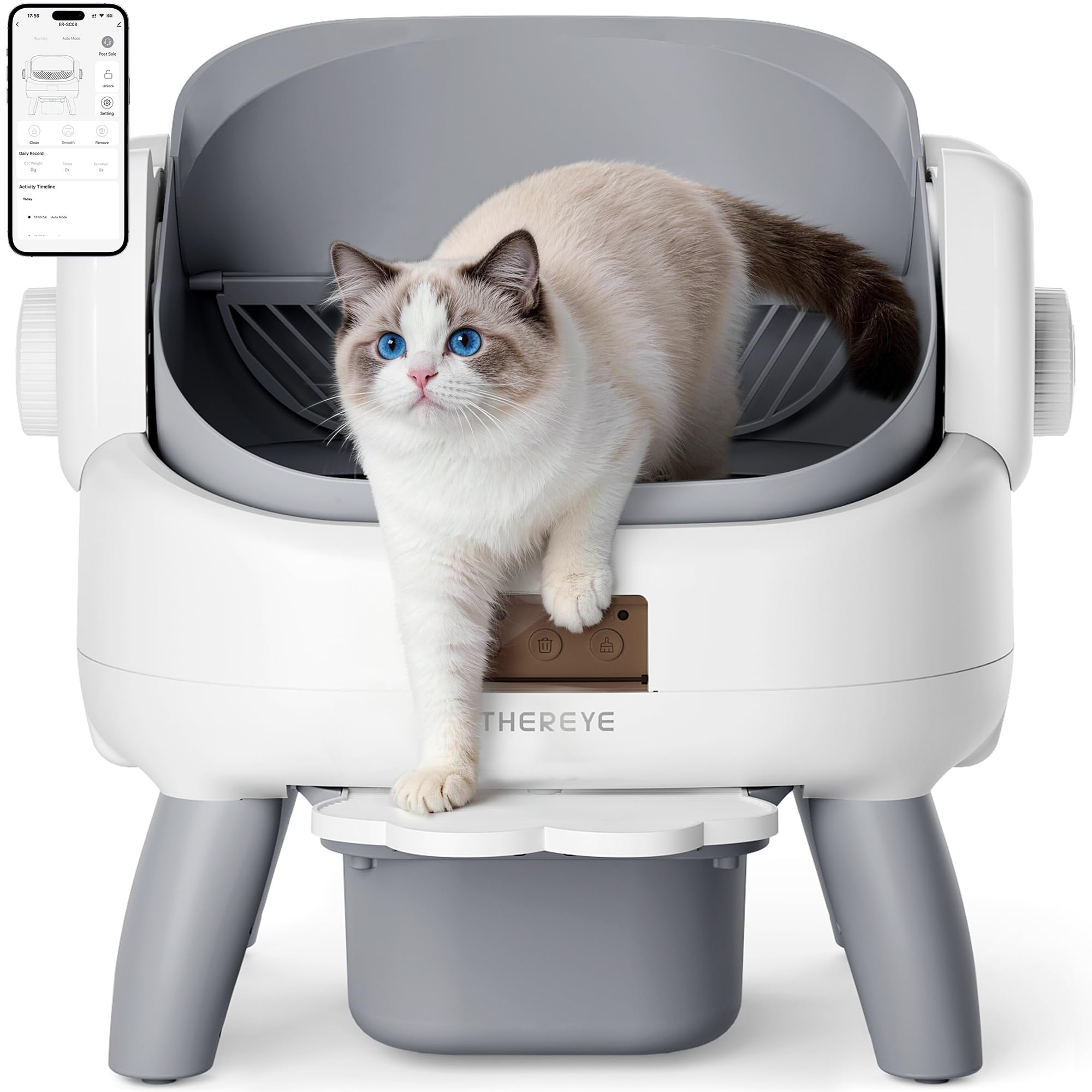 Thereye Automatic Litter Box with Entry Step, Open-Top Self Cleaning Litter Box, 11 Safety Protections & App Control, Odor Contr