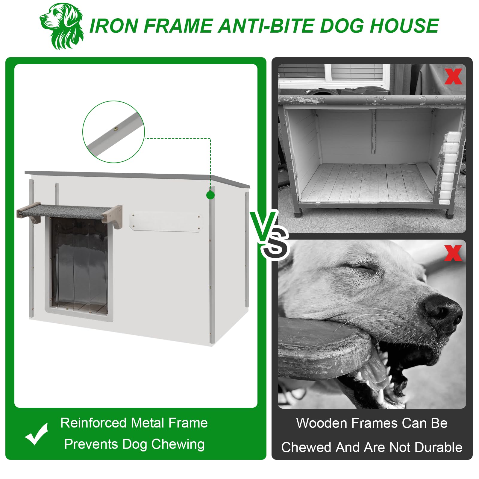 Dog House Outdoor Weatherproof & Wooden Dog Kennel with Chew-Proof Iron Frame,Removable Floor, Adjustable Vent Window, Easy Asse