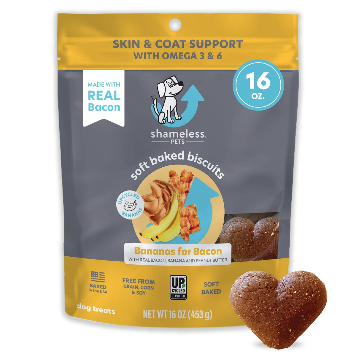 Shameless Pets Soft-Baked Dog Treats - Bananas For Bacon, Grain-Free Dog Snacks For Medium & Large Dogs, Natural & Healthy Dog Chews With Omega 3 & 6, Doggy Treats For Older & Senior Dogs, Made In Usa