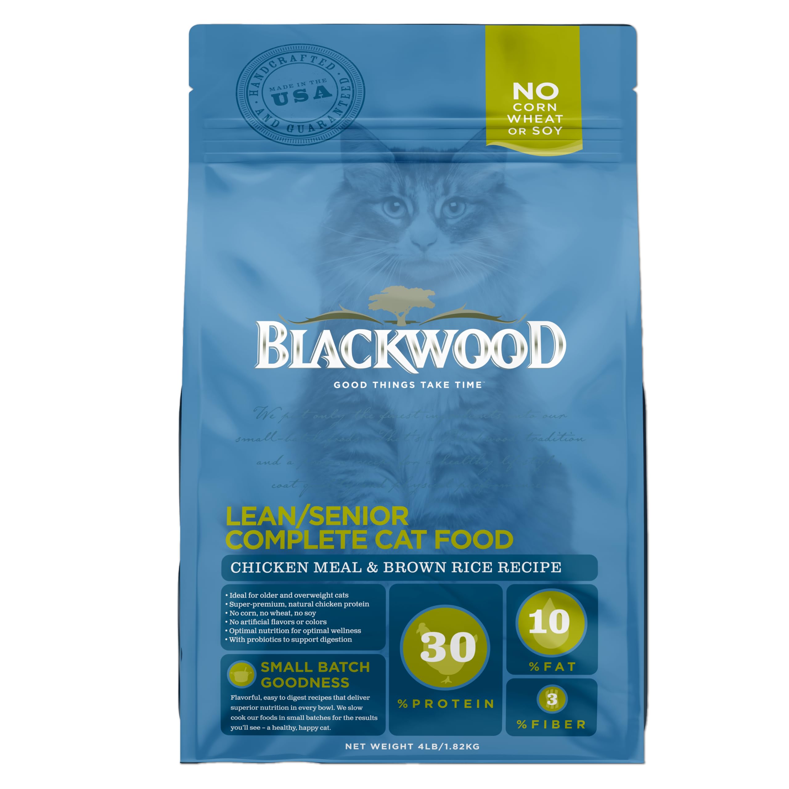 Blackwood Dry Cat Food, Lean / Senior Formula, Chicken Meal & Brown Rice Recipe, 4 Pound Bag, High Protein, Slow Cooked