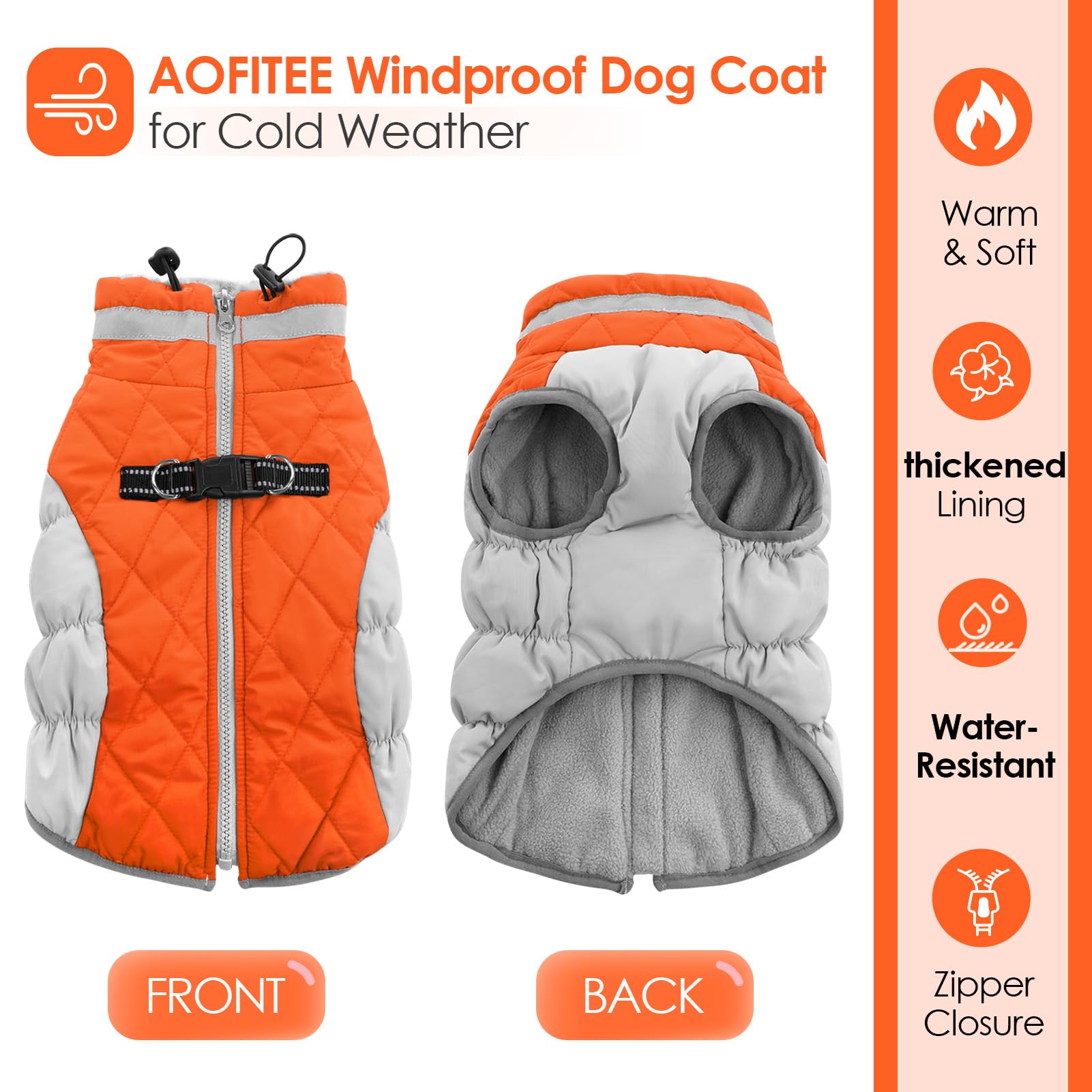 Aofitee Dog Coat, Warm Dog Jacket, Reflective Winter Coats For Medium Dogs, Turtleneck Dogs Winter Jacket With Harness Built In,
