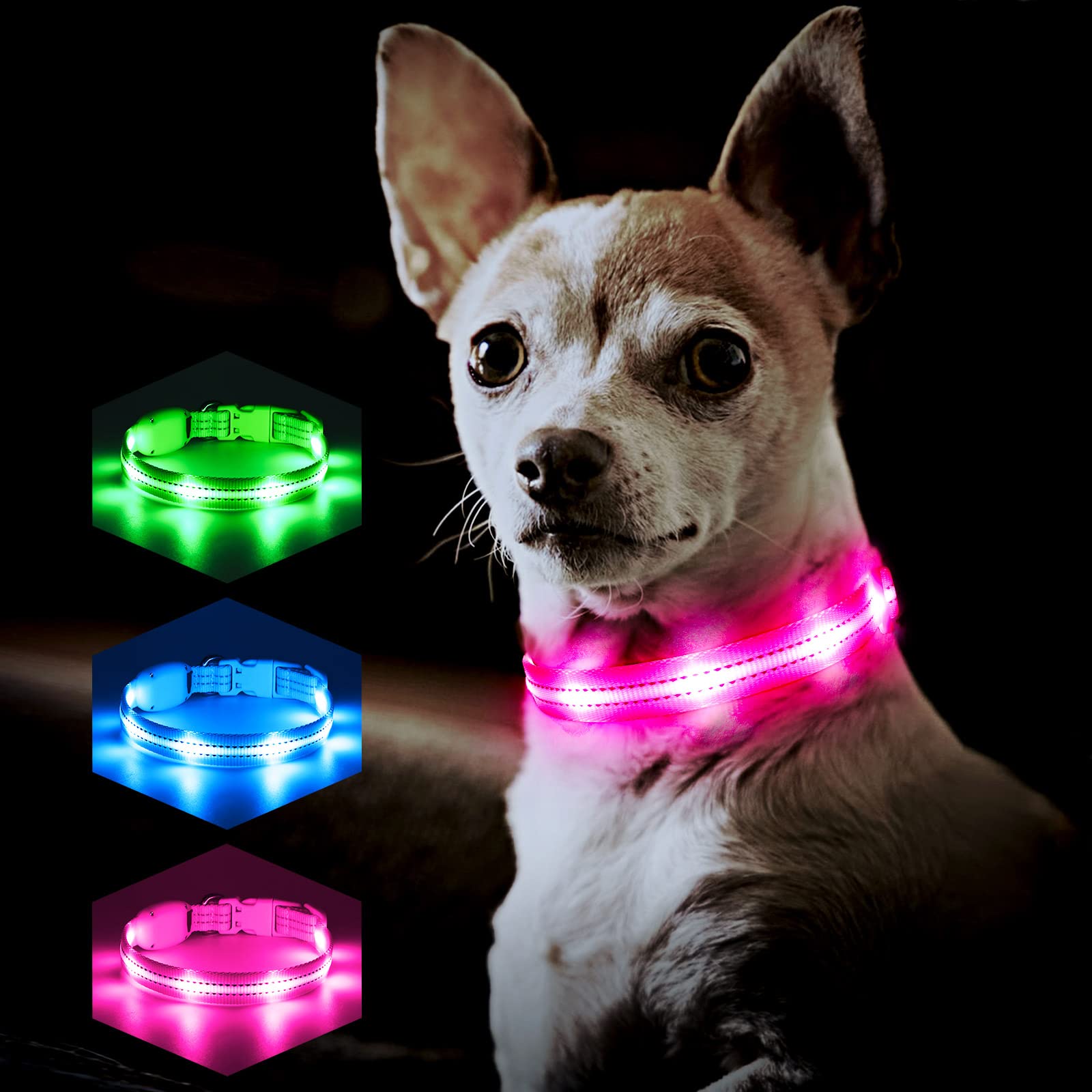 Pzrlit Light Up Dog Collars For Small Medium Large Dogs, Adjustable Led Dog Collar, Rechargeable Soft Glow Collar For Dog Cat Night Walking, Pink