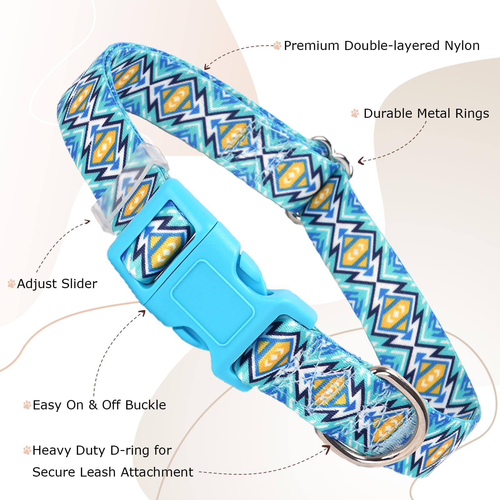 Dog Collar For Large Dogs With Blue African Tribal Boho Pattern, Adjustable Soft Pet Collar With Buckles For Boy Puppy Dogs Smal