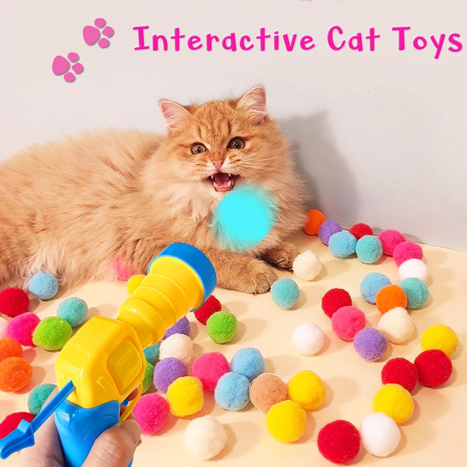 Eerrhhaq 2 Cat Toy Launchers & 100 Cat Pom Pom Balls,Cat Toys Balls Launcher,Launch Ball Interactive Toy,Silent Plush Elastic Ba