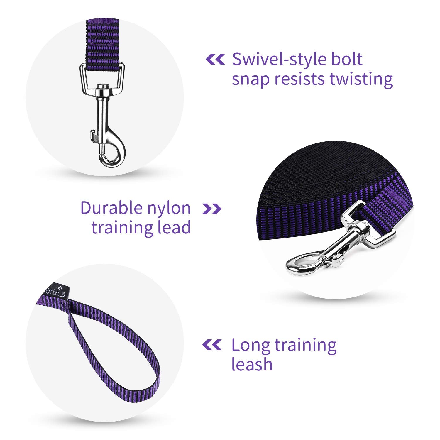 Hi Kiss Dog/Puppy Obedience Recall Training Agility Lead - 15Ft 20Ft 30Ft 50Ft 100Ft Training Leash - Great For Training, Play, Camping, Or Backyard(20Ft,Black_Purple)