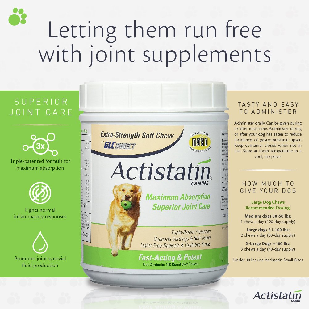 Actistatin Canine Large Dog Soft Chews, 120ct - Patented Extra-Strength Joint, Cartilage, Soft Tissue Supplement: Glucosamine, C