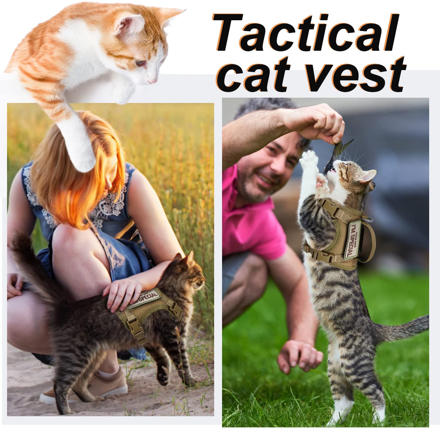 Tactical Cat Harness For Walking Escape Proof, Soft Mesh Adjustable Pet Vest Harness For Large Cat,Small Dog (Medium, Khaki)