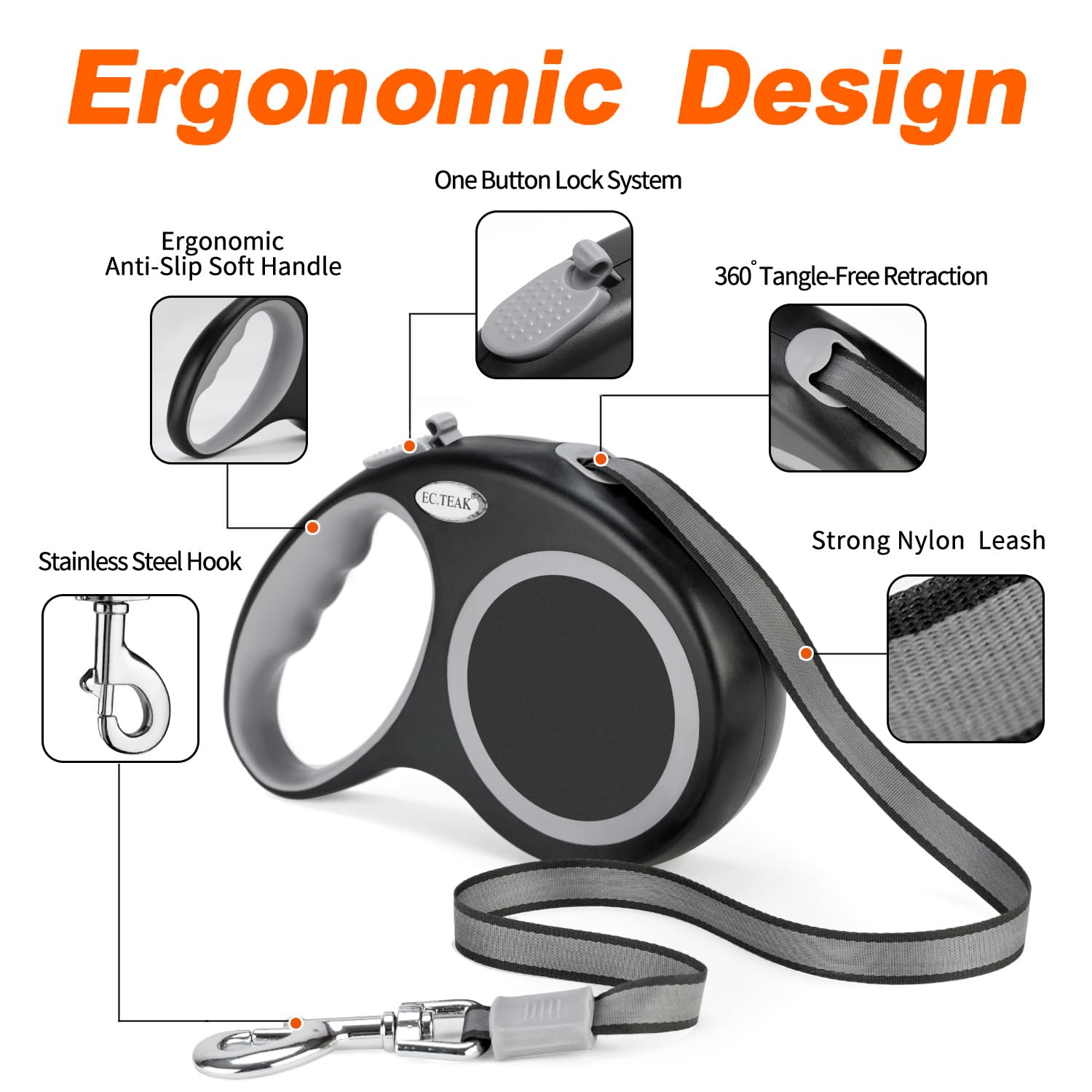 Ec.Teak Retractable Dog Leash 26 Ft, Heavy Duty Dog Leash For Dogs Up To 110Lbs, Strong Nylon Tape No Tangle, One-Handed Brake,