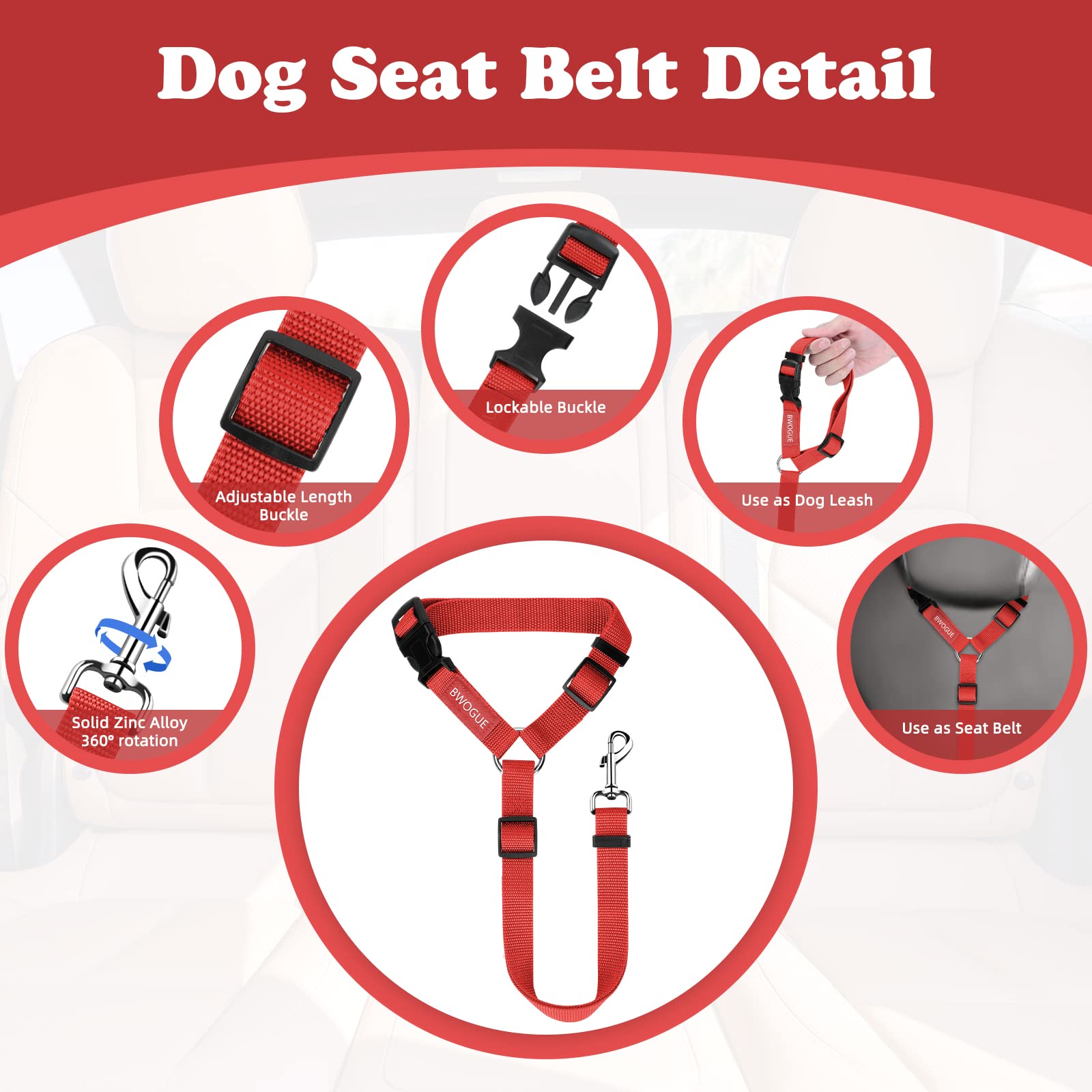 Bwogue Pet Dog Cat Seat Belts, Car Headrest Restraint Adjustable Safety Leads Vehicle Seatbelt Harness