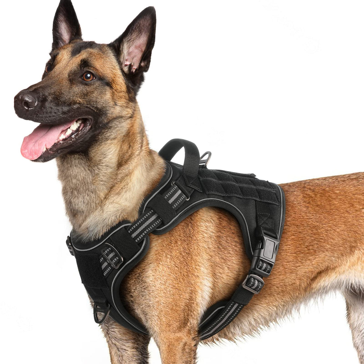 Rabbitgoo Dog Harness For Large Dogs No Pull, Tactical Service Pet Vest With Molle And Control Handle, Adjustable And Reflective Military Harness For Easy Walking And Training, Black, L