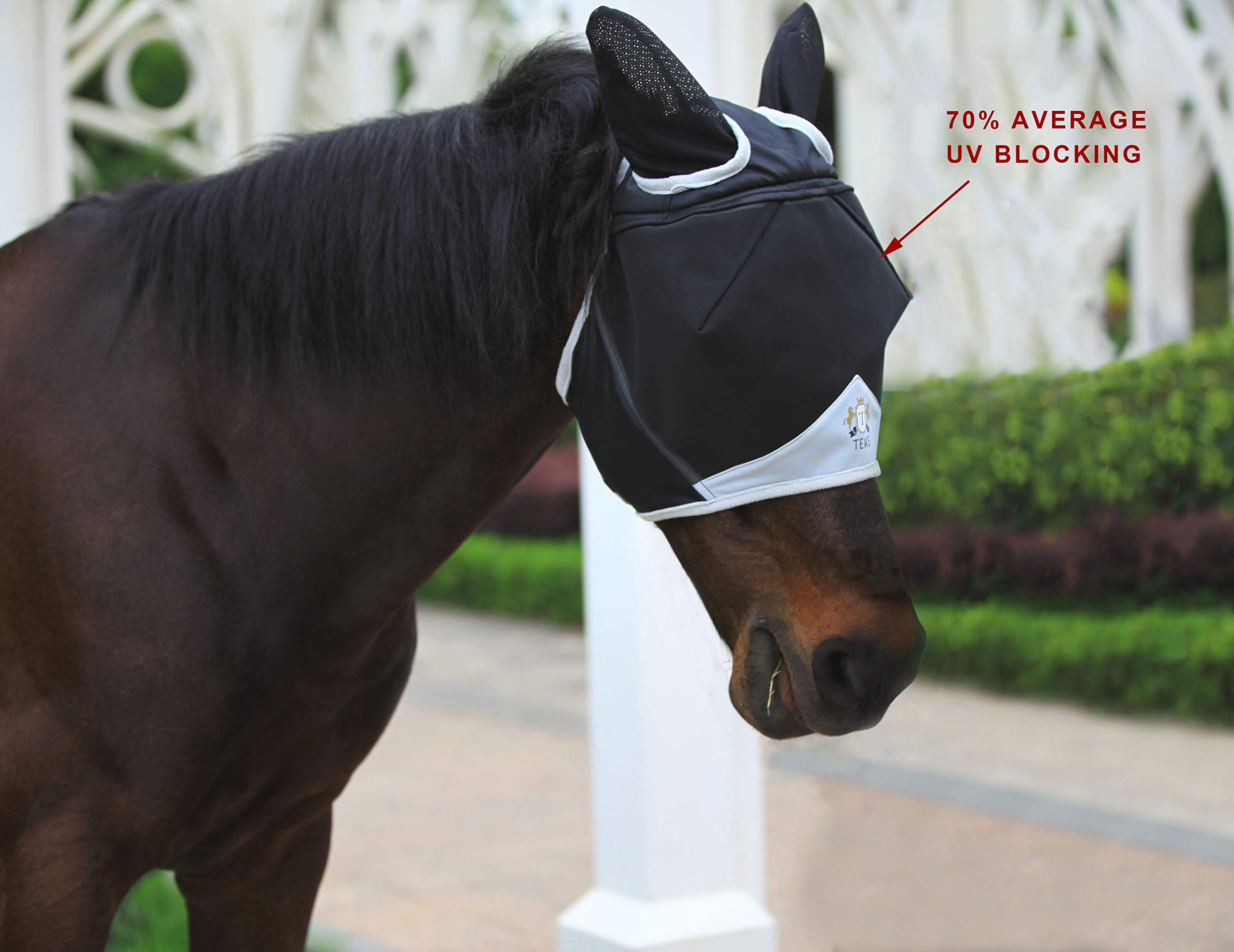 T TEKE Fine Mesh Horse Fly Mask w/Ears, UV Blocking 3D Eye Visor with Extra Fleece Cushioned Forehead, Protection from Insect Pe