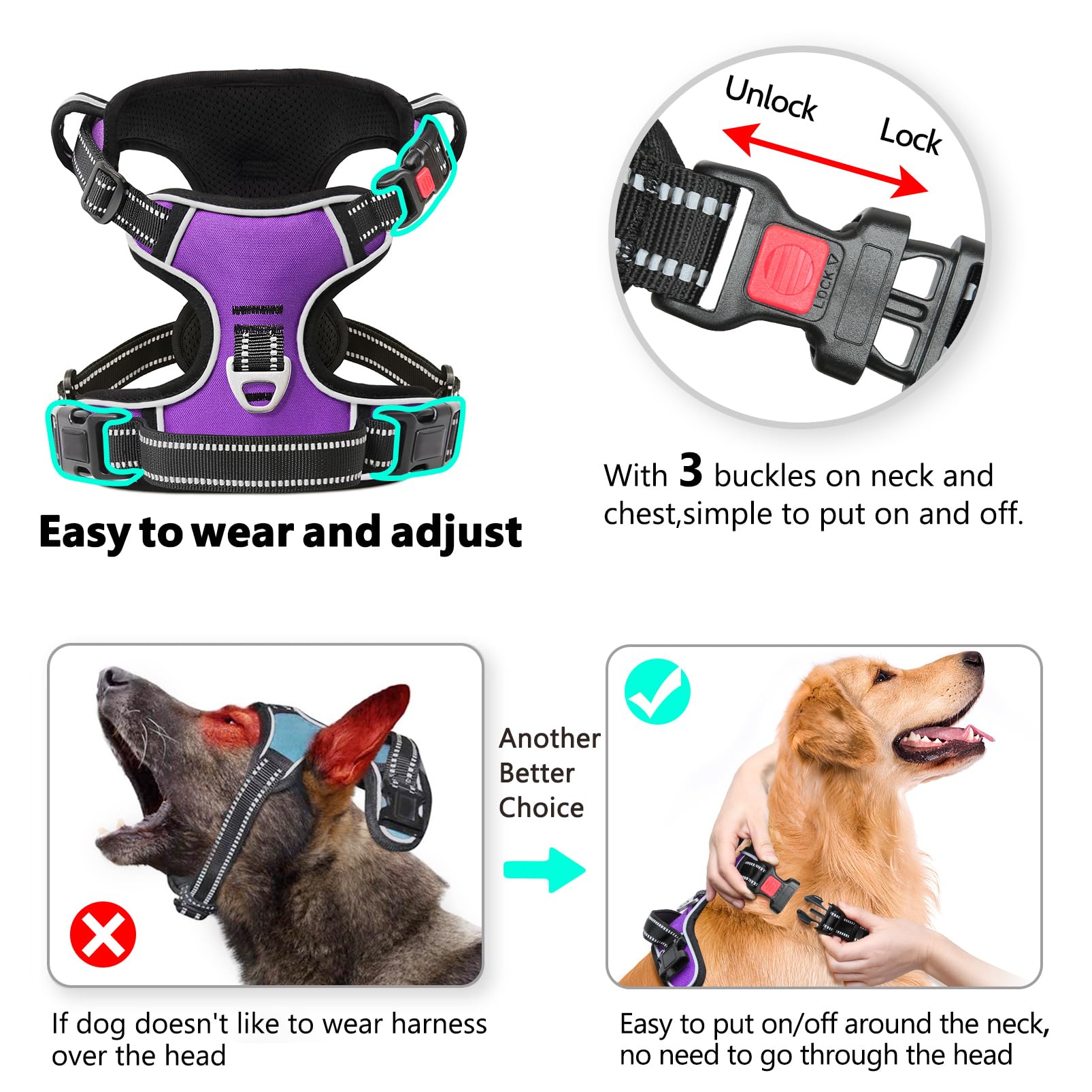 Timos Dog Harness Large Sized, No Pull With Neck Lockable Snap,No Choke Front Clip Dog Reflective Harness,Adjustable Metal Rings