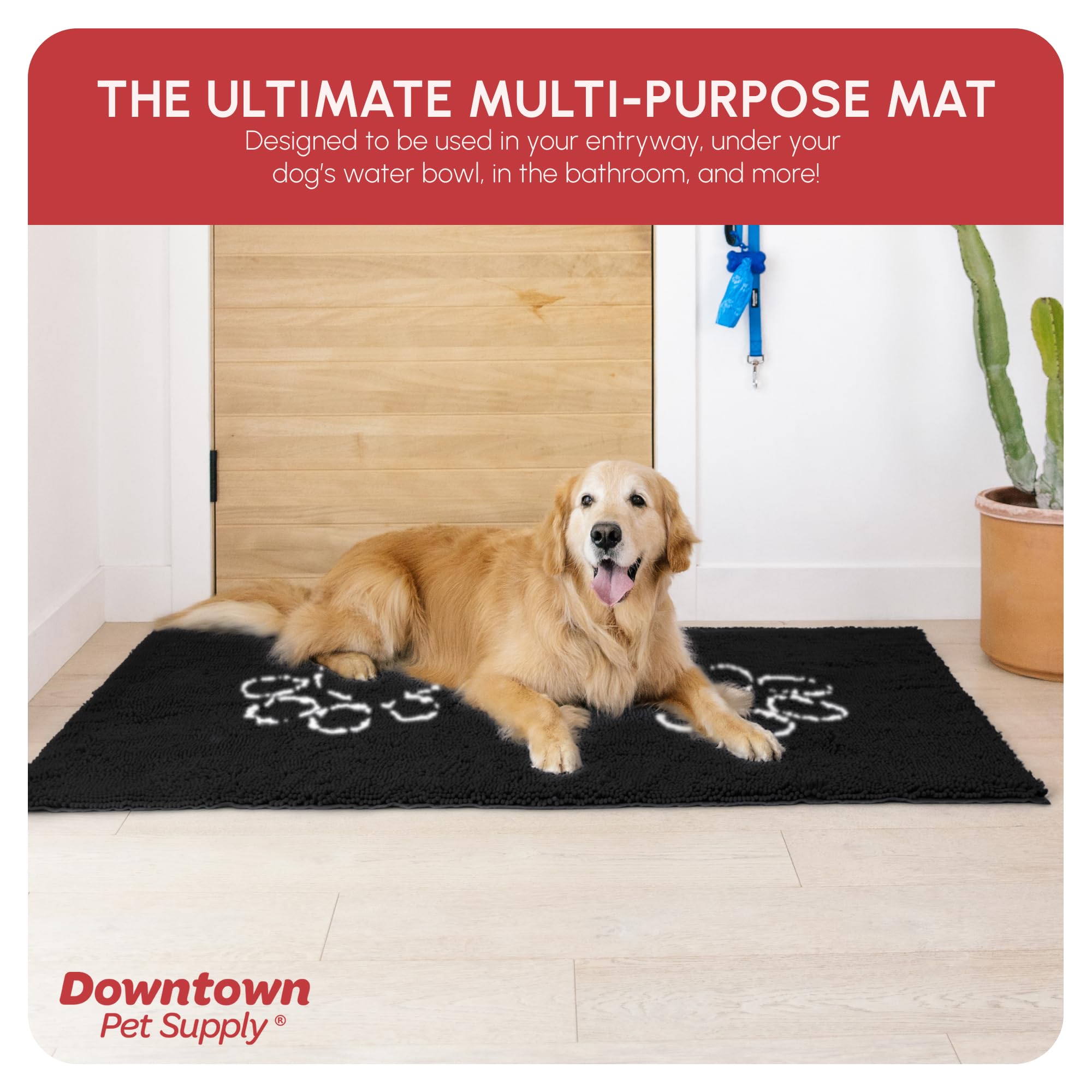 My Doggy Place Microfiber Dog Mat for Muddy Paws, 60 x 36 Black with Paw Print - Non-Slip, Absorbent and Quick-Drying Dog Paw Cl