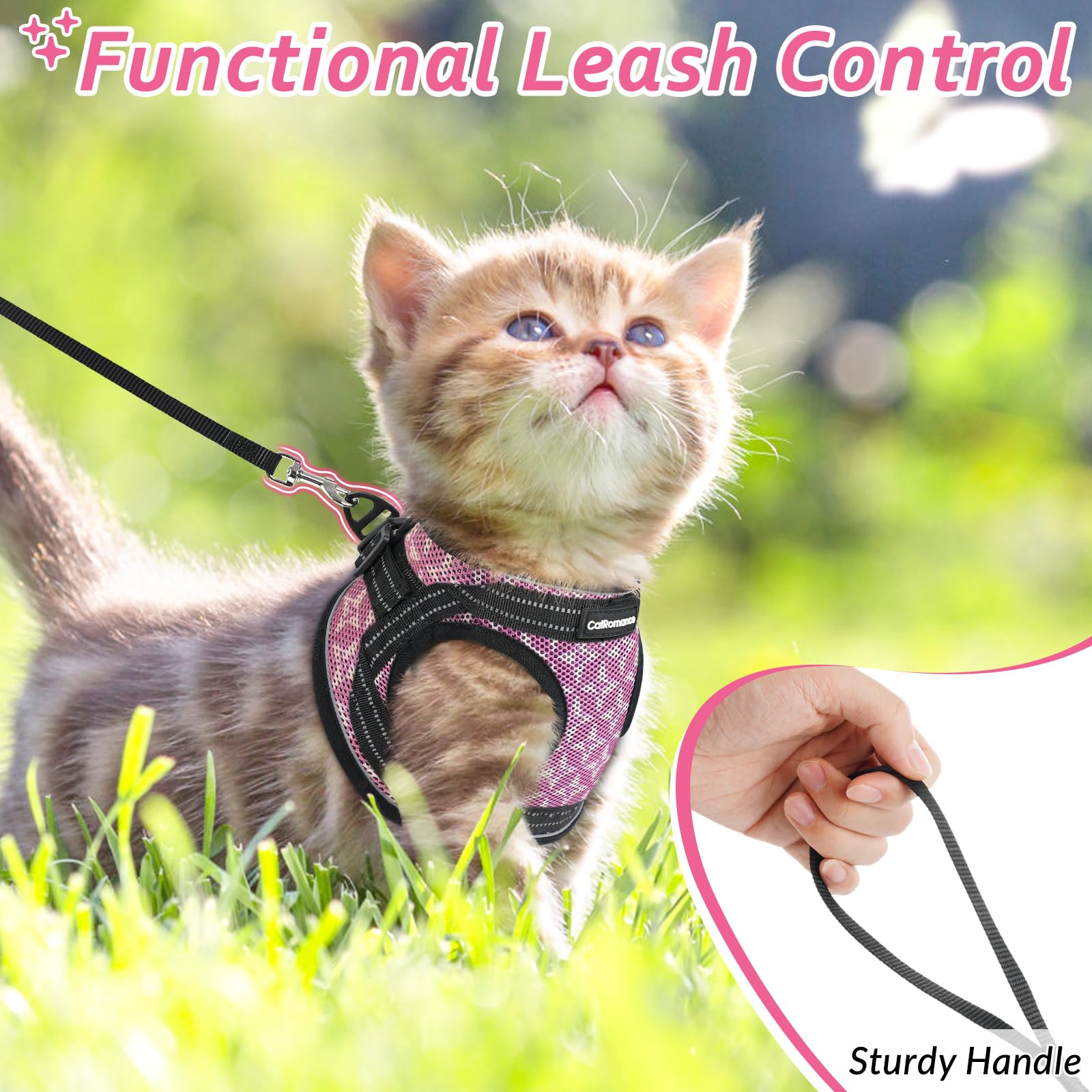 Catromance Cat Harness And Leash Set Escape Proof For Walking, Safe Adjustable Small Large Kitten Vest With Reflective Strip For Kitty, Easy Control Comfortable Soft Outdoor Harnesses, Pink, Meduim