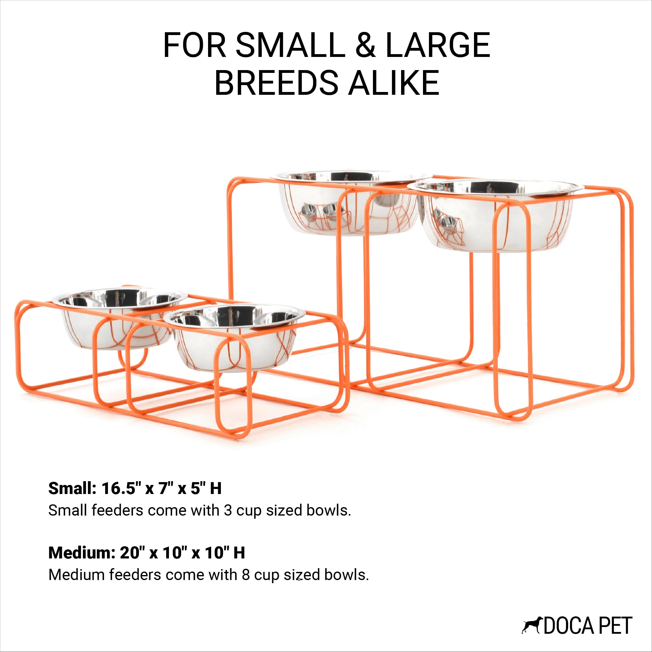Doca Pet Elevated Dog Bowls Stand - 2 Stainless Steel Dishes, Non-Skid, Modern Design, Small, Orange Frame, Model WDS-OR-3CP