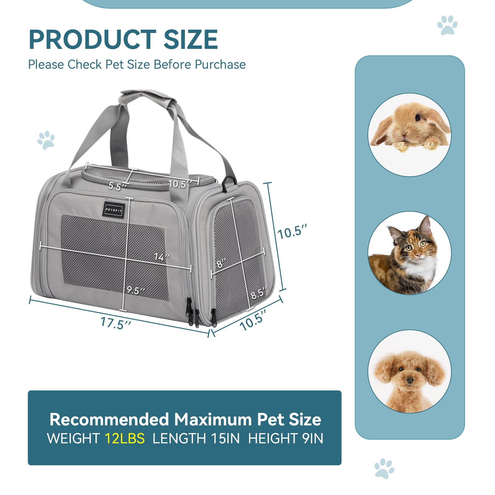 Petsfit Cat Carrier, Pet Carrier Airline Approved, Soft Carrier For Small And Medium Cats Under 12 Lbs, Soft Cat Travel Carrier, Kitten Carrier With Extendable Mat, Grey