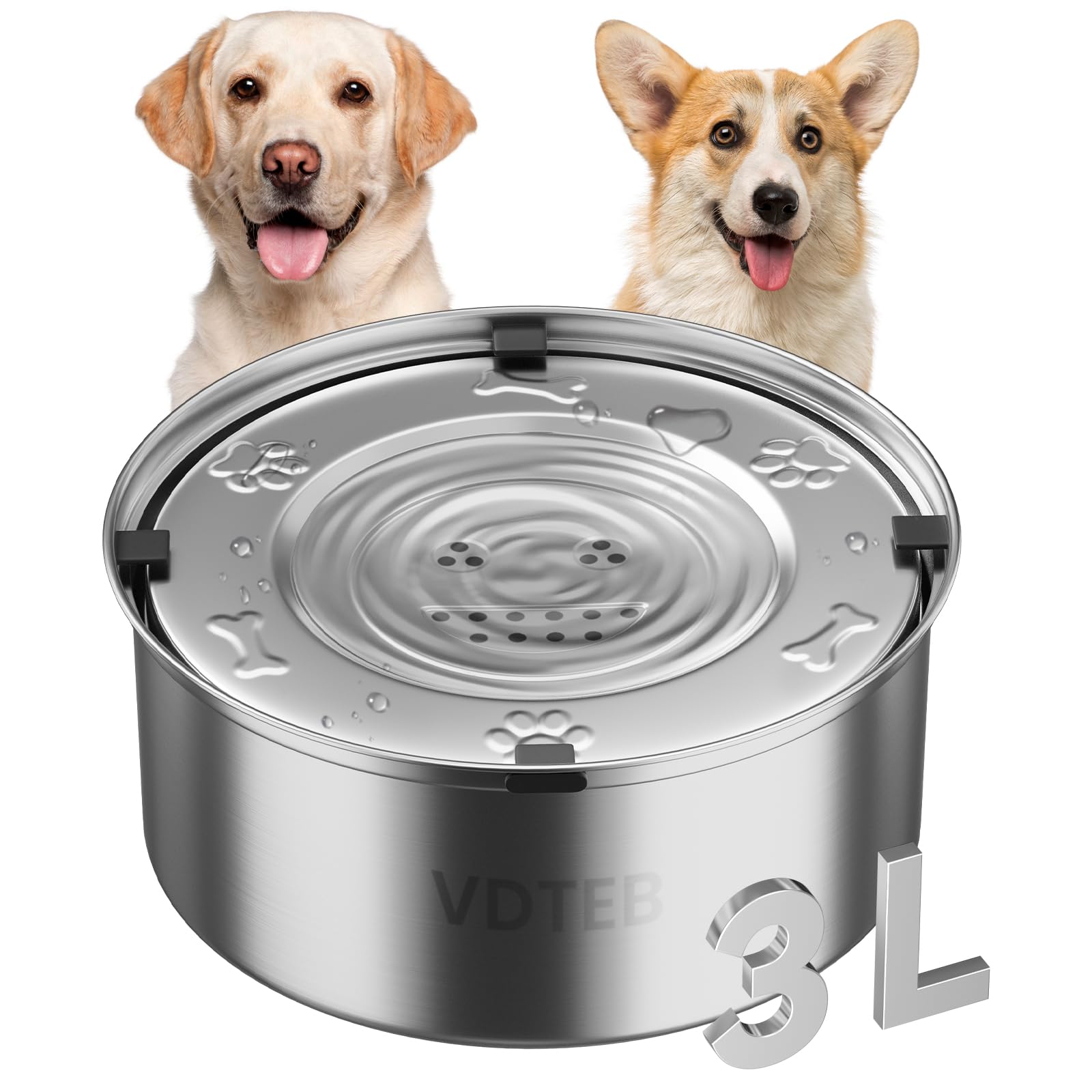 VDTEB Dog Water Bowl No Spill,3L/101oz Stainless Steel Water Bowl for Dogs, Spill Proof Slow Drinking Dog Water Feeder with Anti
