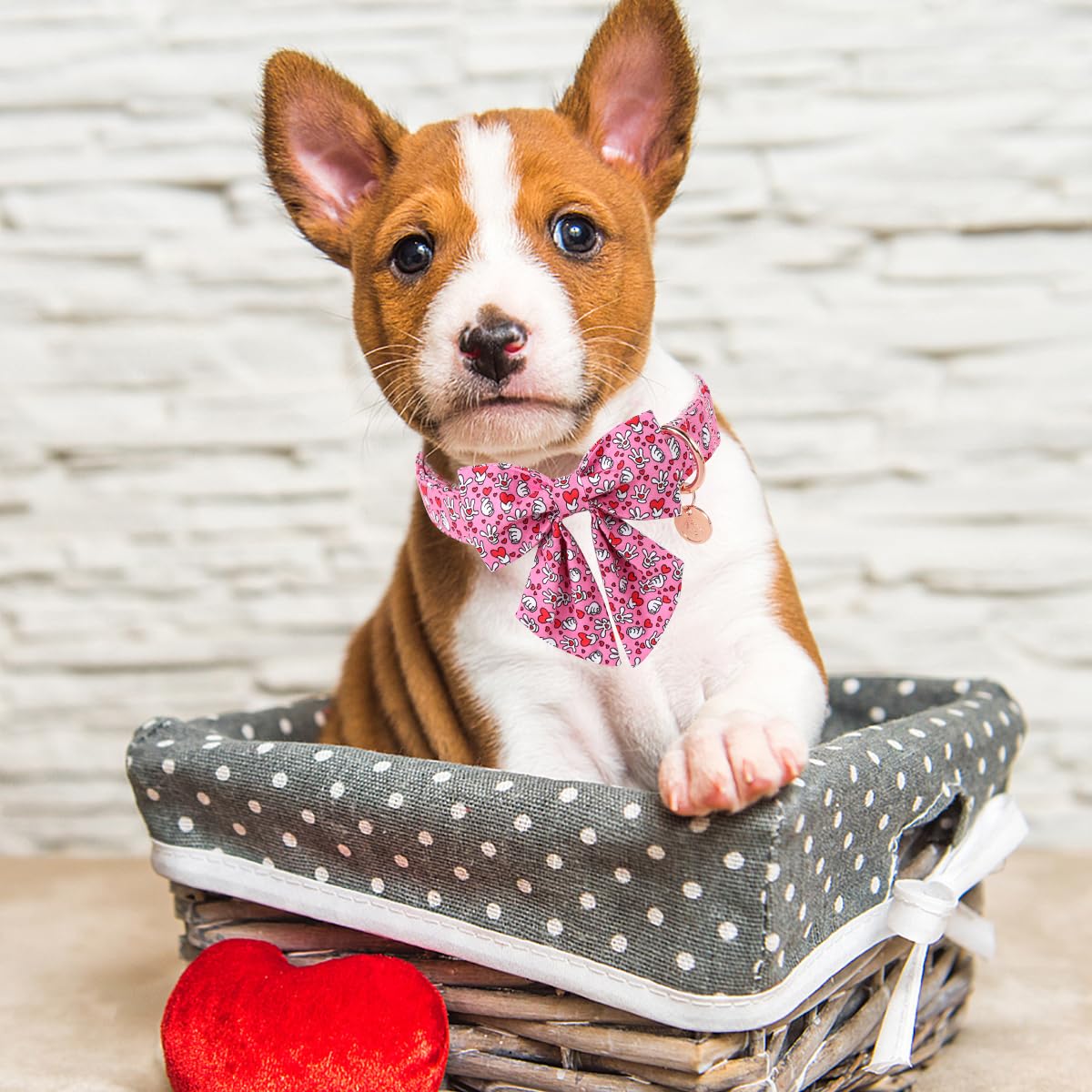 Dogwong Valentine Dog Collar With Bow, Pink Heart Dog Collar Durable Soft Cotton Pet Dog Collar Cute Heart Valentines Day Puppy