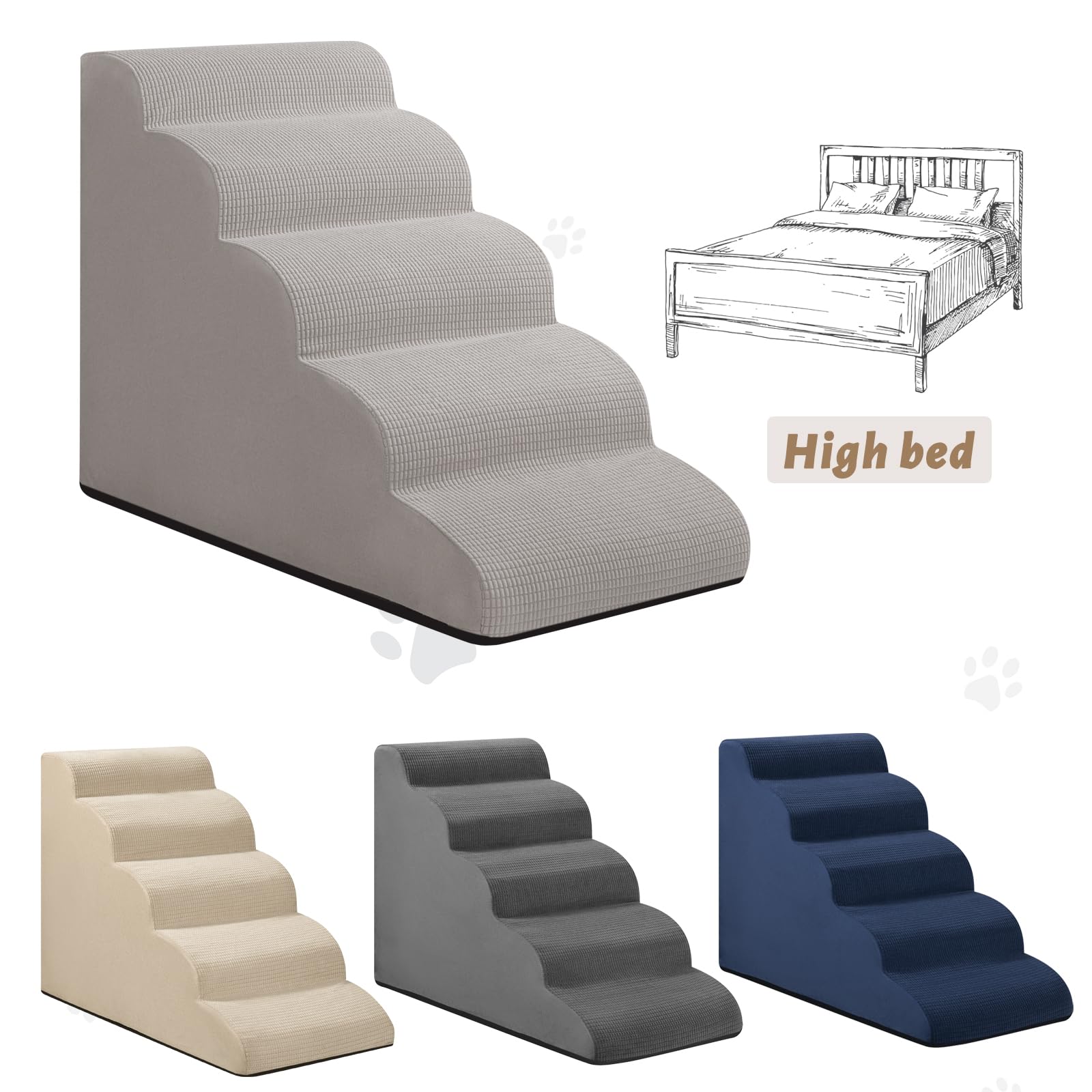 Aodisman 5-Step Dog Stairs and Ramp for High Bed, Non-Slip Sturdy Pet Steps for Small Dogs and Cats,22.2 H,Light Grey