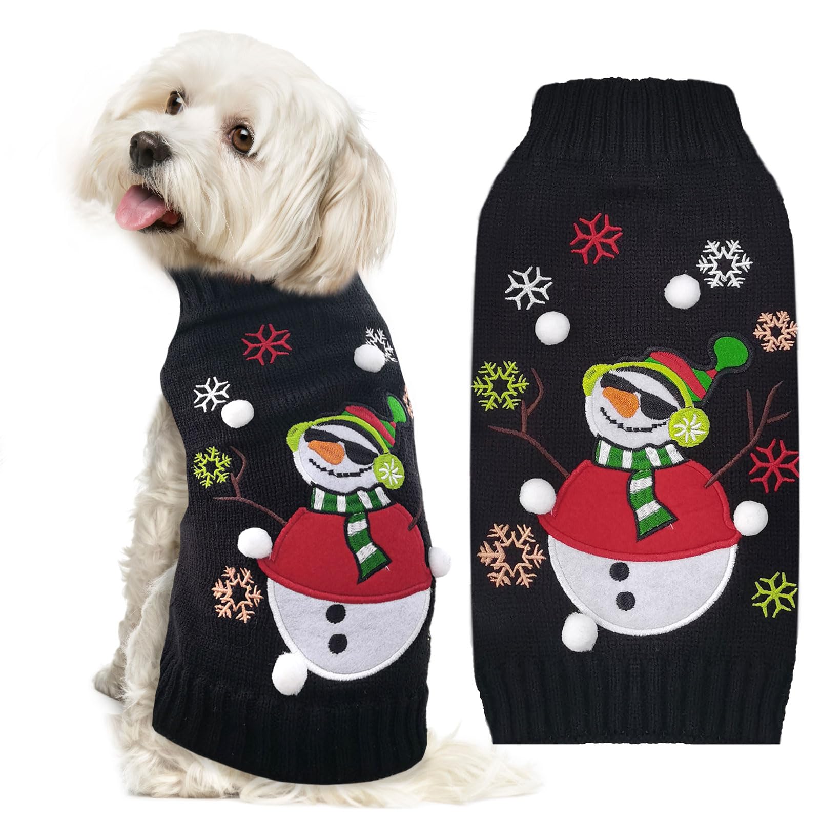 DOGGYZSTYLE Christmas Dog Sweaters Xmas Pet Outfit Clothes Cute Black Snowman Costume Puppy Cat Knitted Jumpers (S,Black Snowman