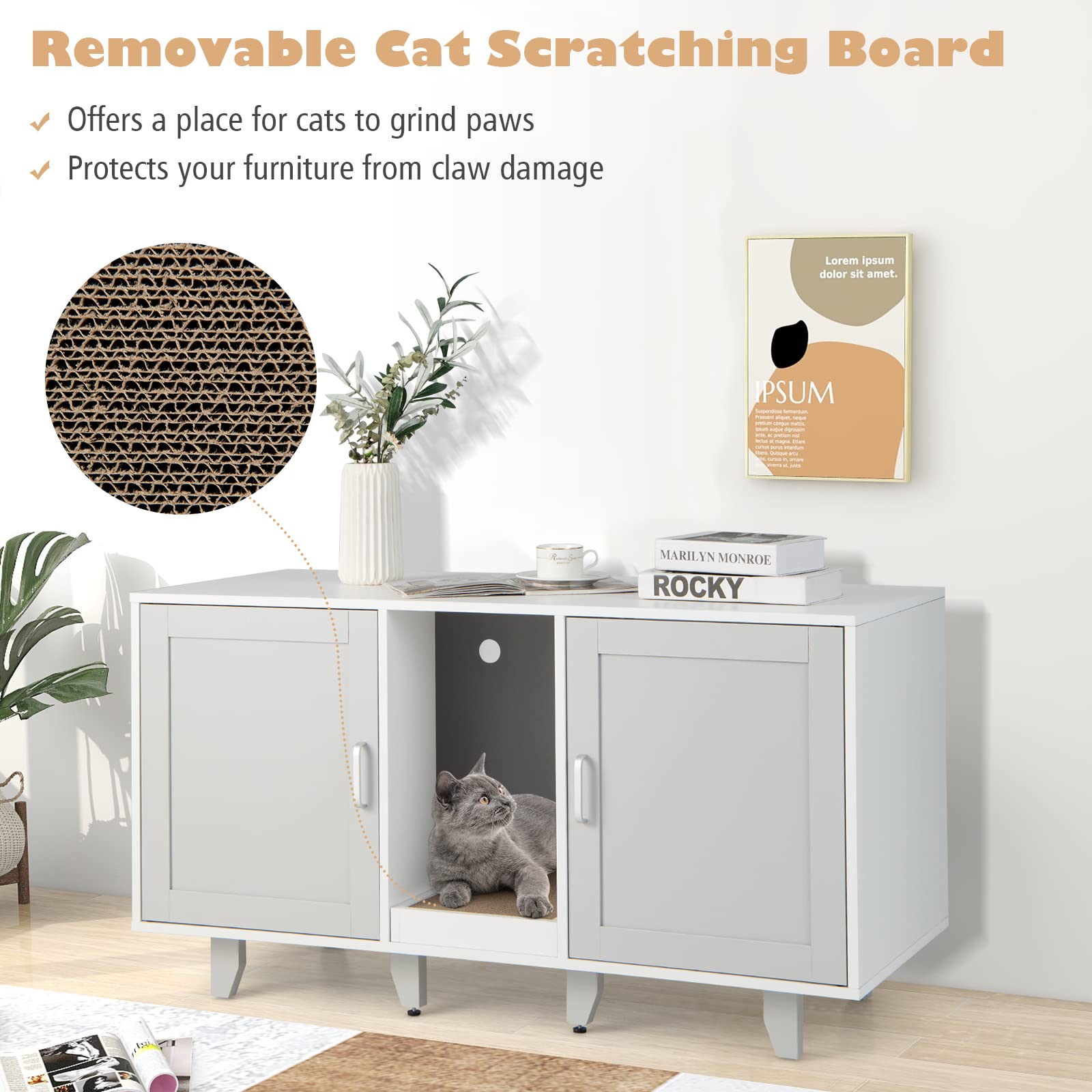 Tangkula Double Cat Litter Box Enclosure For 2 Cats, Large Stackable Hidden Privacy Cat Washroom Cabinet With Scratching Board, Indoor Cat House Tv Stand Side Table, Litter Box Furniture (Grey)