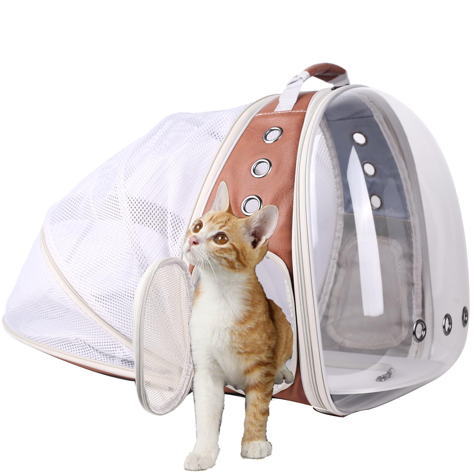 Back Extension Space Capsule Clear Bubble Window Cat Backpack Carrier For Traveling And Hiking, Expandable Kitten Book Bag, Pu L