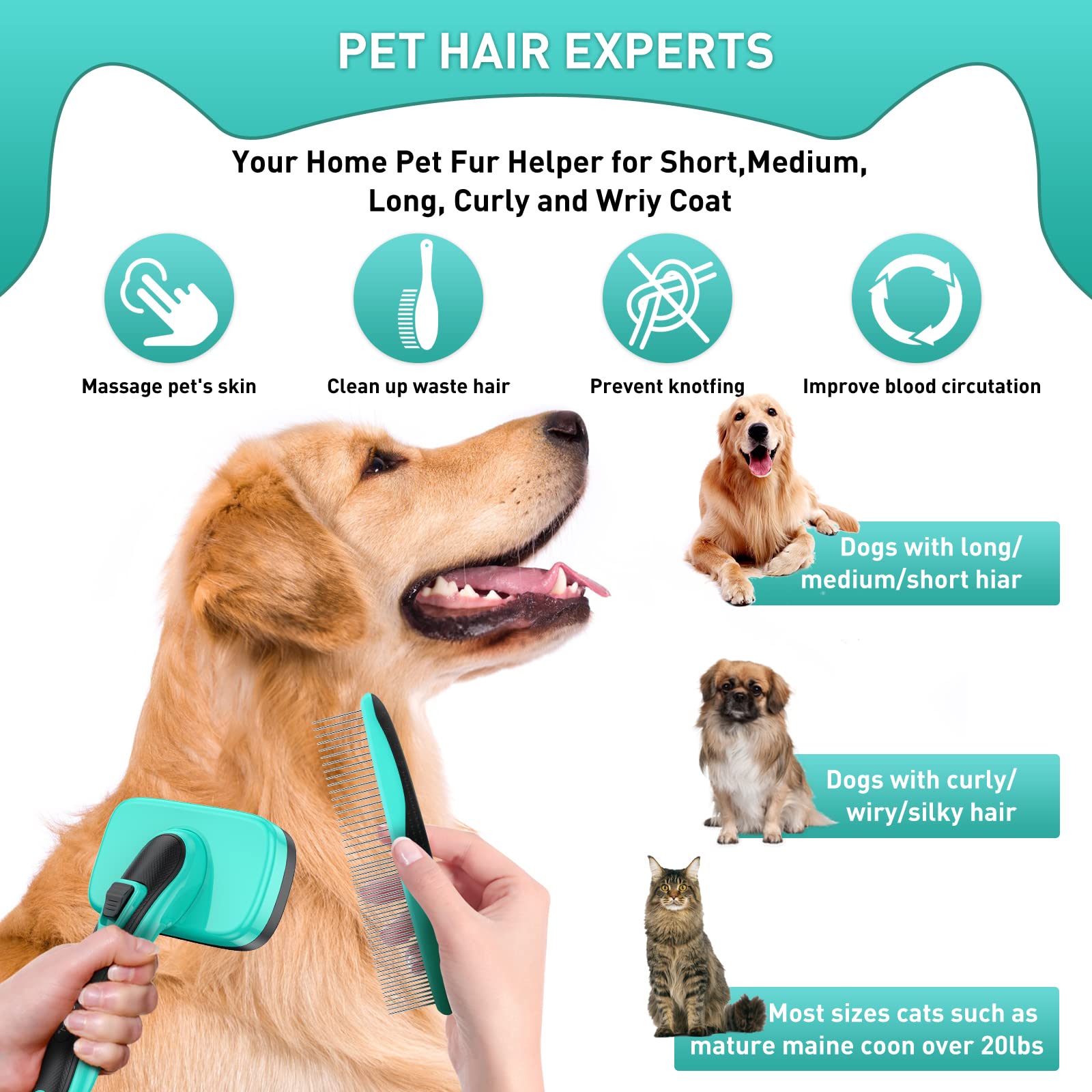 Dogs & Cats Self-Cleaning Slicker Brush For Shedding Long Short Haired, Safe Painless Bristles Removes Loose Undercoat, Tangled For All Size Pet, Grooming Set With Free Comb & Nail Clippers Included