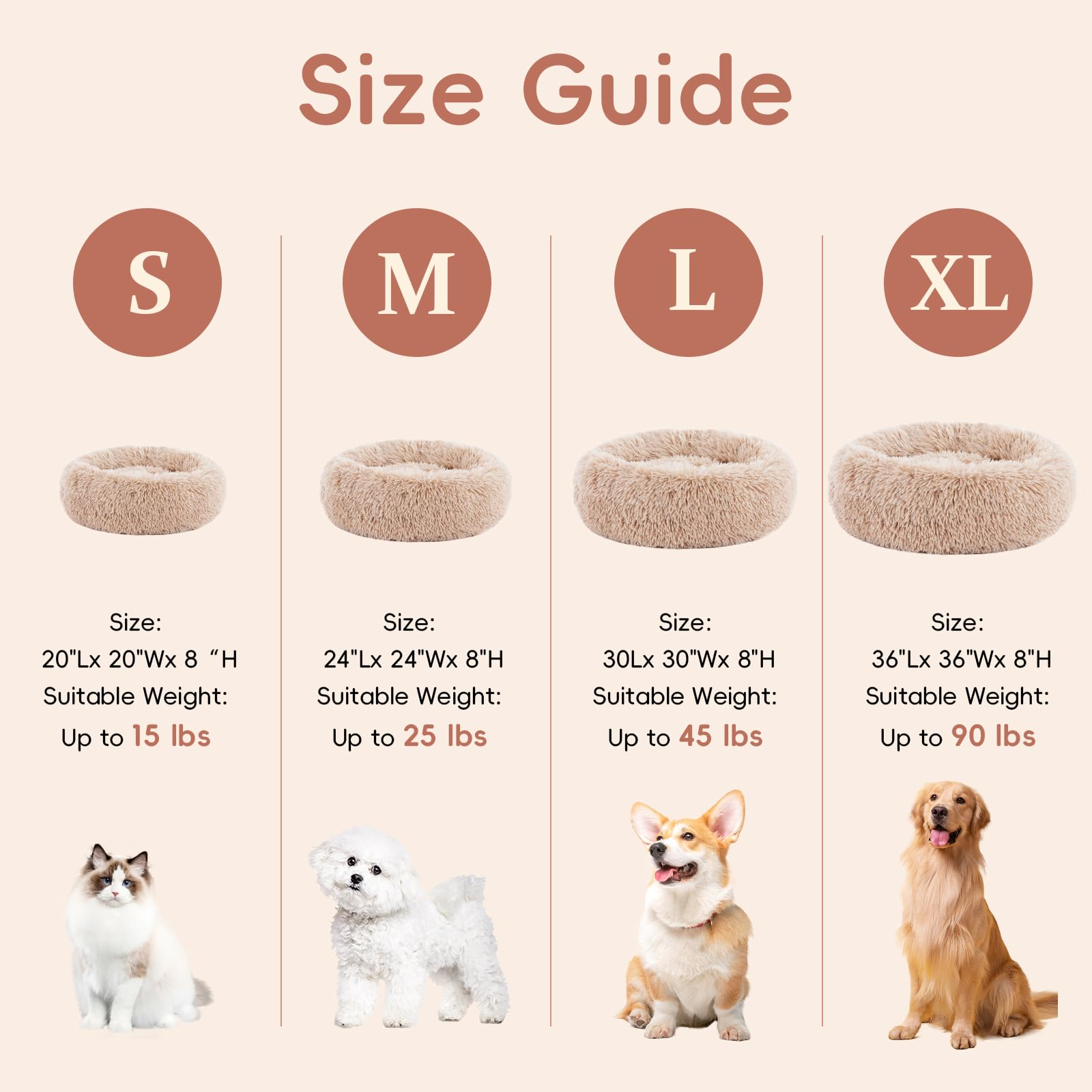 Fluffydream 24 Inch Donut Bed For Dogs, Calming, Brown, Washable, Plush Fur Dog Cuddle Bed