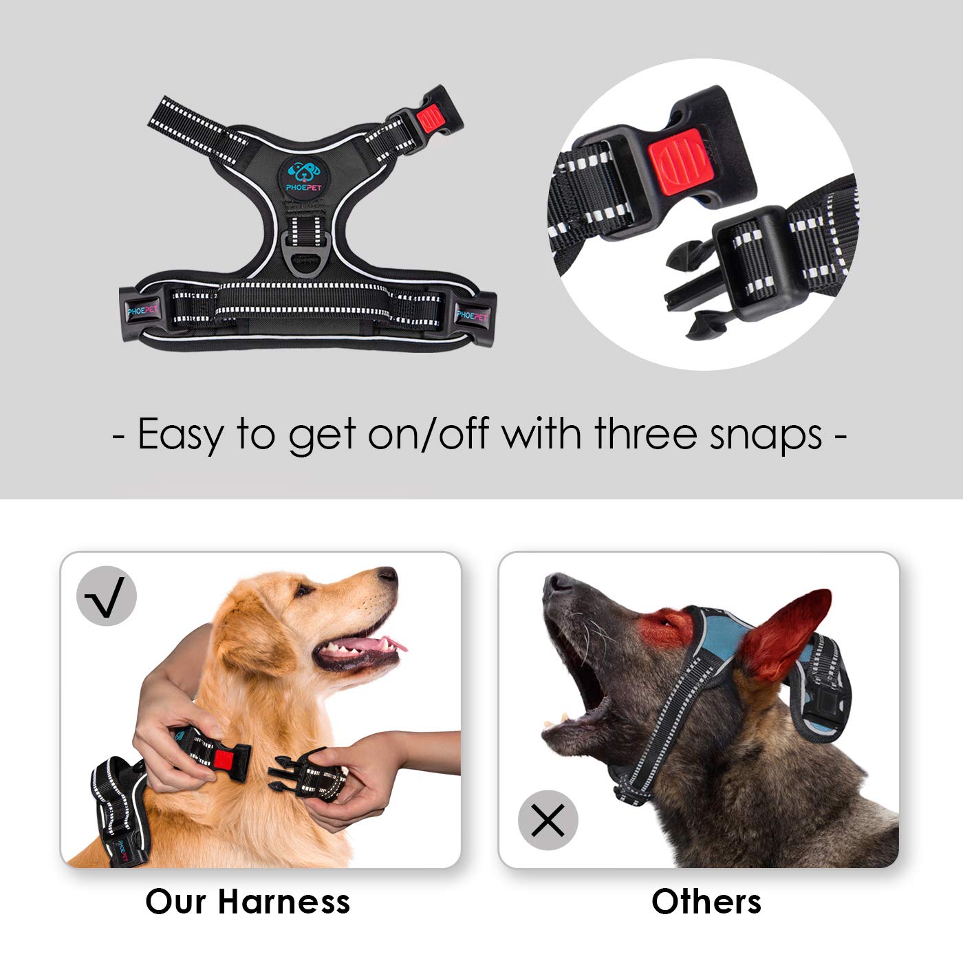 Phoepet Reflective Dog Harness Large Breed Adjustable No Pull Vest With With Handle 2 Metal Rings 3 Buckles [Easy To Put On & Take Off](L, Black)