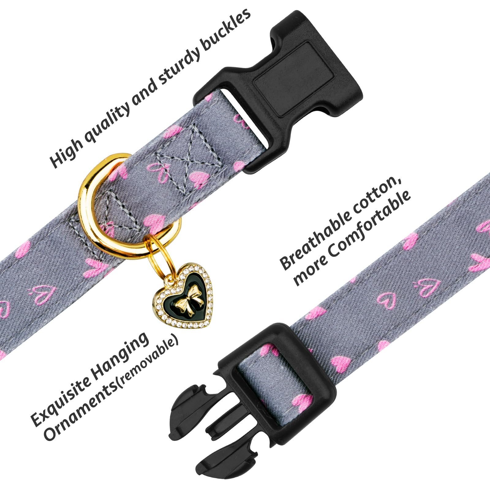 Cotton Handmade Dog Collar Cute And Distinctive Patterns Grey Heart With Pendant For Girl Boy Dogs Collars M