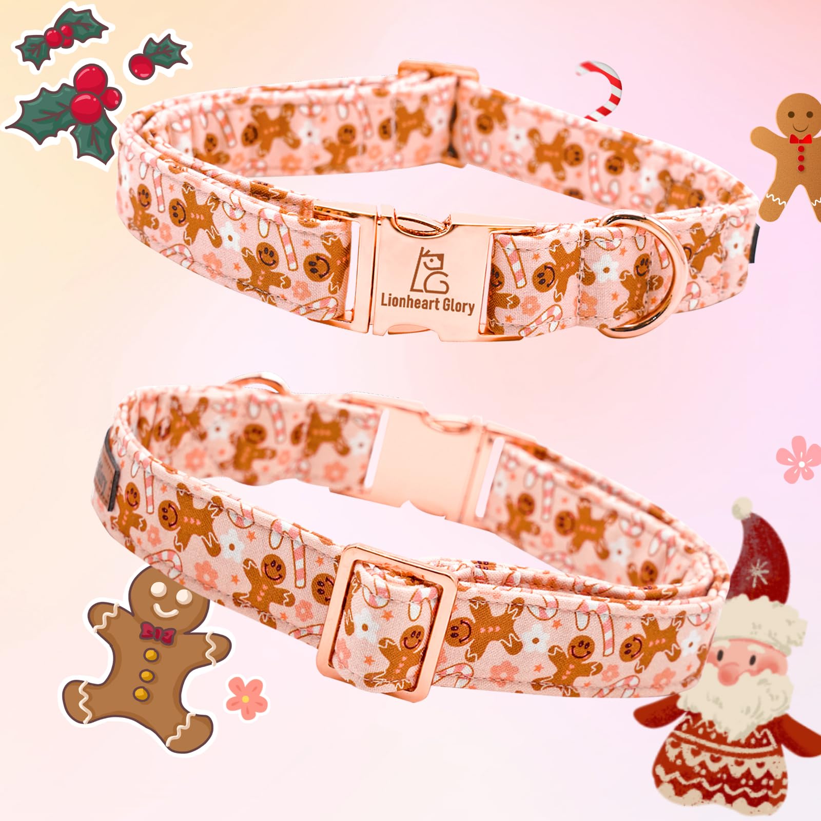 Lionheart Glory Christmas Dog Collar Pink Gingerbread Man Collar Dog Adjustable Soft Collars For Small Medium Large Dogs Female