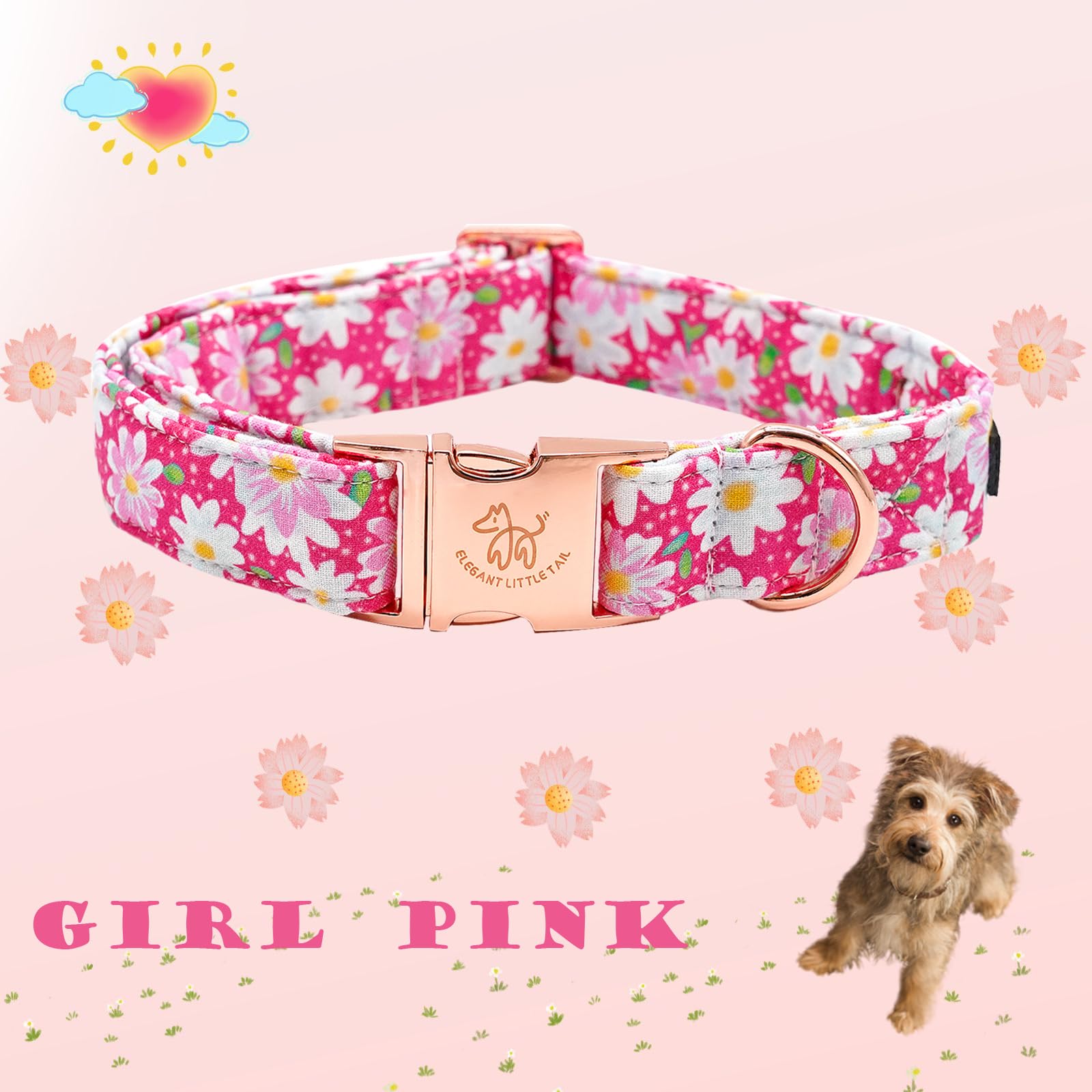 Elegant Little Tail Dog Collar, Pink Floral Pattern Pet Collar Durable Cute Dog Collars Summer Female Pet Gift Adjustable Dog Co