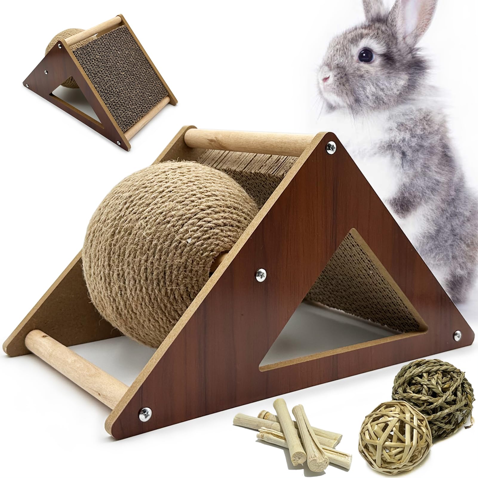 Niwaes Rabbit Scratching Pad Cardboard, Natural Sisal Bunny Scratch Ball 2-In-1 Rabbits Enrichment Toys Pet Scratcher Interactiv