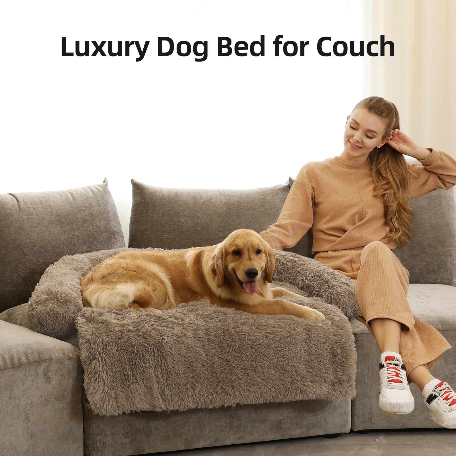 Calming Dog Bed Fluffy Plush Dog Mat For Furniture Protector With Removable Washable Cover For Large Medium Small Dogs And Cats (Extra Large (53X39.3X6), Camel)
