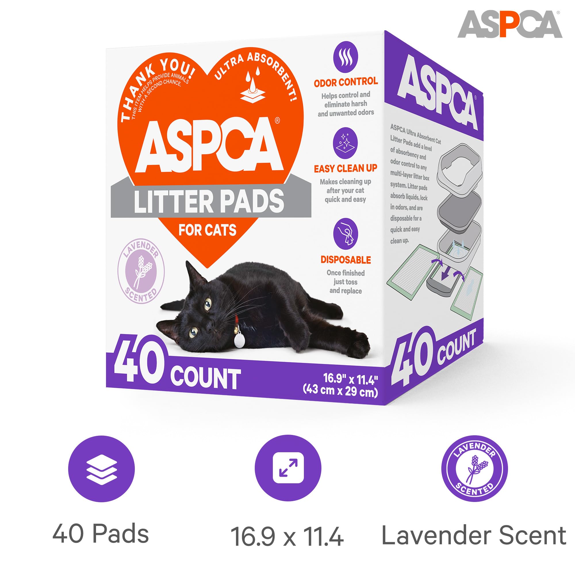 Aspca Lavender Scented Cat Pad Refills For Litter Box System Size 16.9 X 11.4 Inch - Pack Of 40