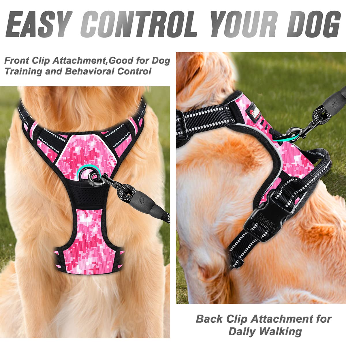 Barkbay No Pull Dog Harness Front Clip Heavy Duty Reflective Easy Control Handle For Large Dog Walking(Pink Camo,Xl)