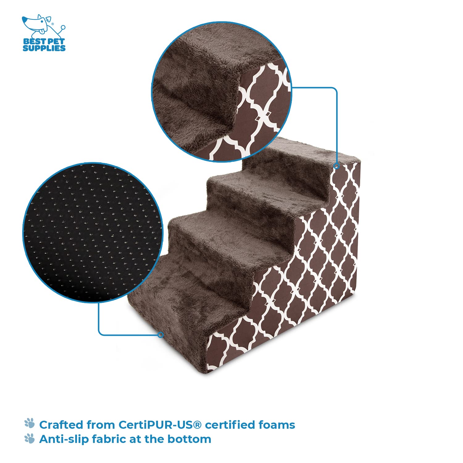 Best Pet Supplies Foam Pet Steps For Small Dogs And Cats, Portable Ramp Stairs For Couch, Sofa, And High Bed Climbing, Non-Slip Balanced Indoor Step Support, Paw Safe - Brown Lattice Print, 4-Step