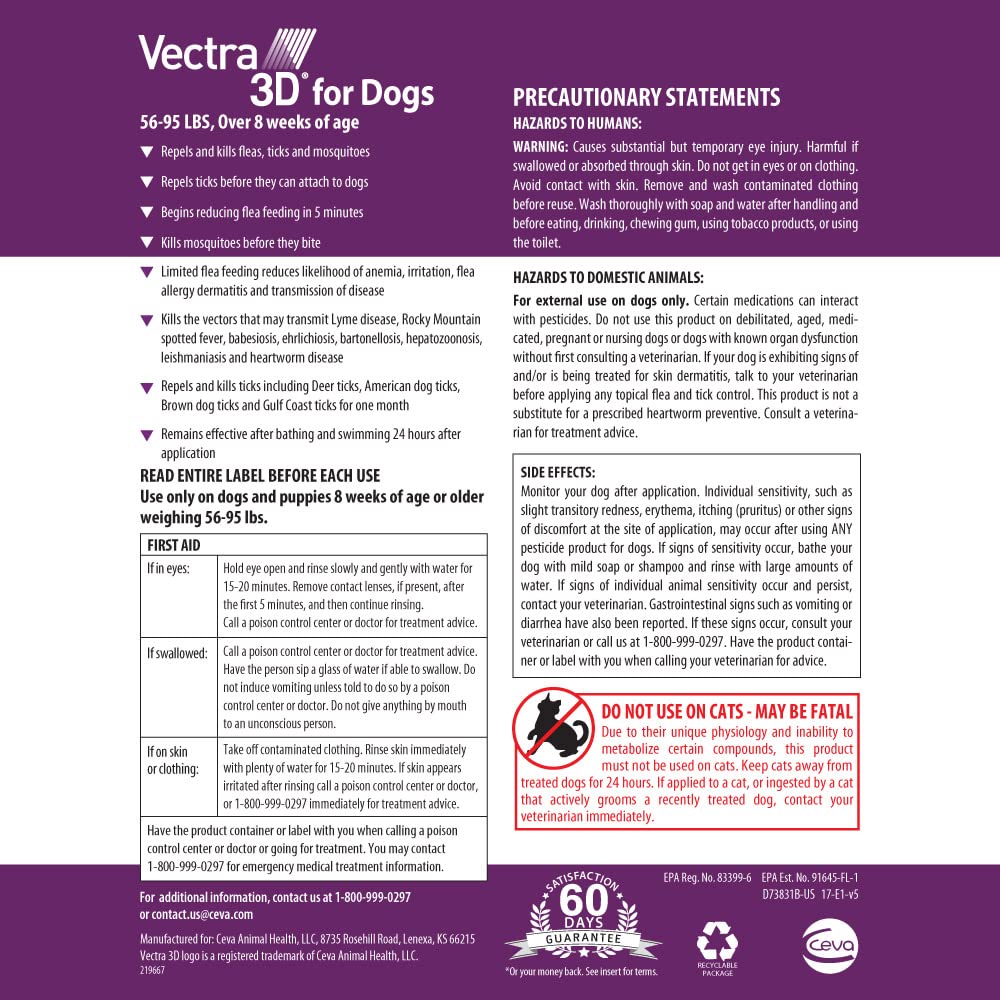 Vectra 3D for Dogs Flea, Tick & Mosquito Treatment & Prevention for Large Dogs (56 to 95 lbs) , 3 month supply